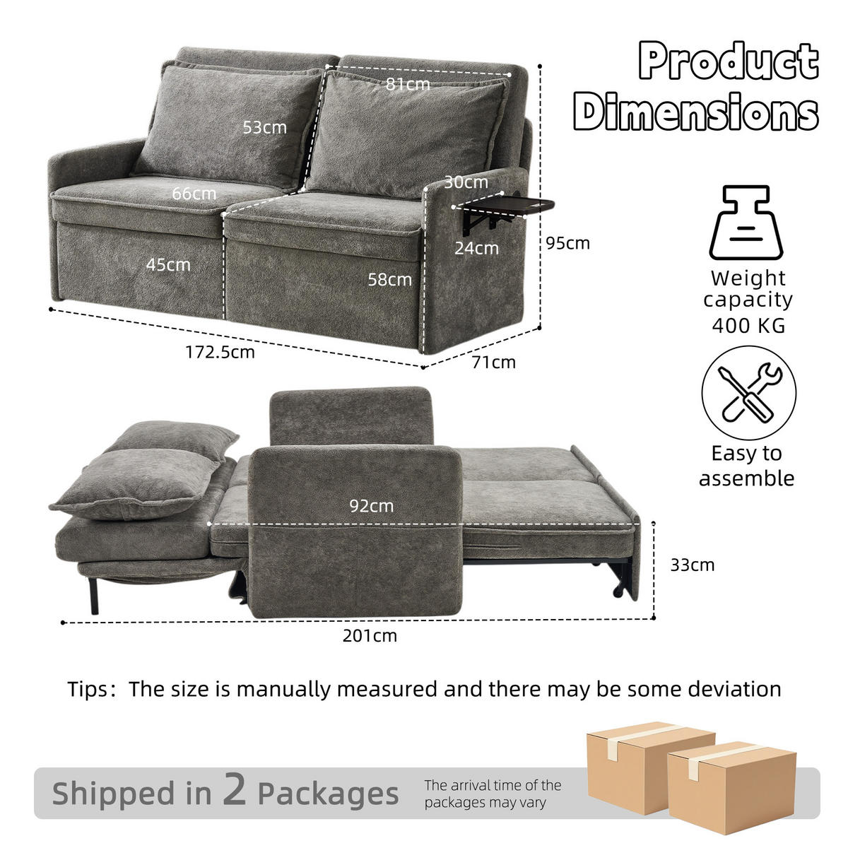 SCHLAFSOFA DE-33505 mit 5‑Stufen verstellbar Grau - Grau, Textil (172.5/95/71cm) - ComfortXL