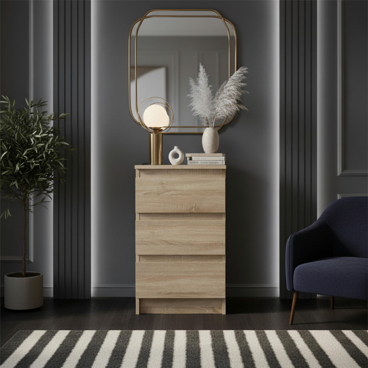 SIDEBOARD SOLA KOM3-3S Schubladen Eiche Sonoma 40/69/43 cm - Sonoma Eiche, Holzwerkstoff/Kunststoff (40/69/43cm) - Komodee