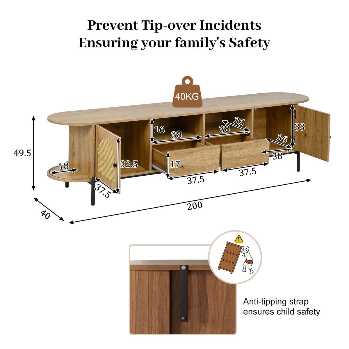 LOWBOARD in Holzoptik Ovales TV-Schrank mit Rattan und Schiebetüren, B200/T40/H49,5 - Schwarz/Naturfarben, Holzwerkstoff/Metall (200/49.5/40cm) - STILVORA