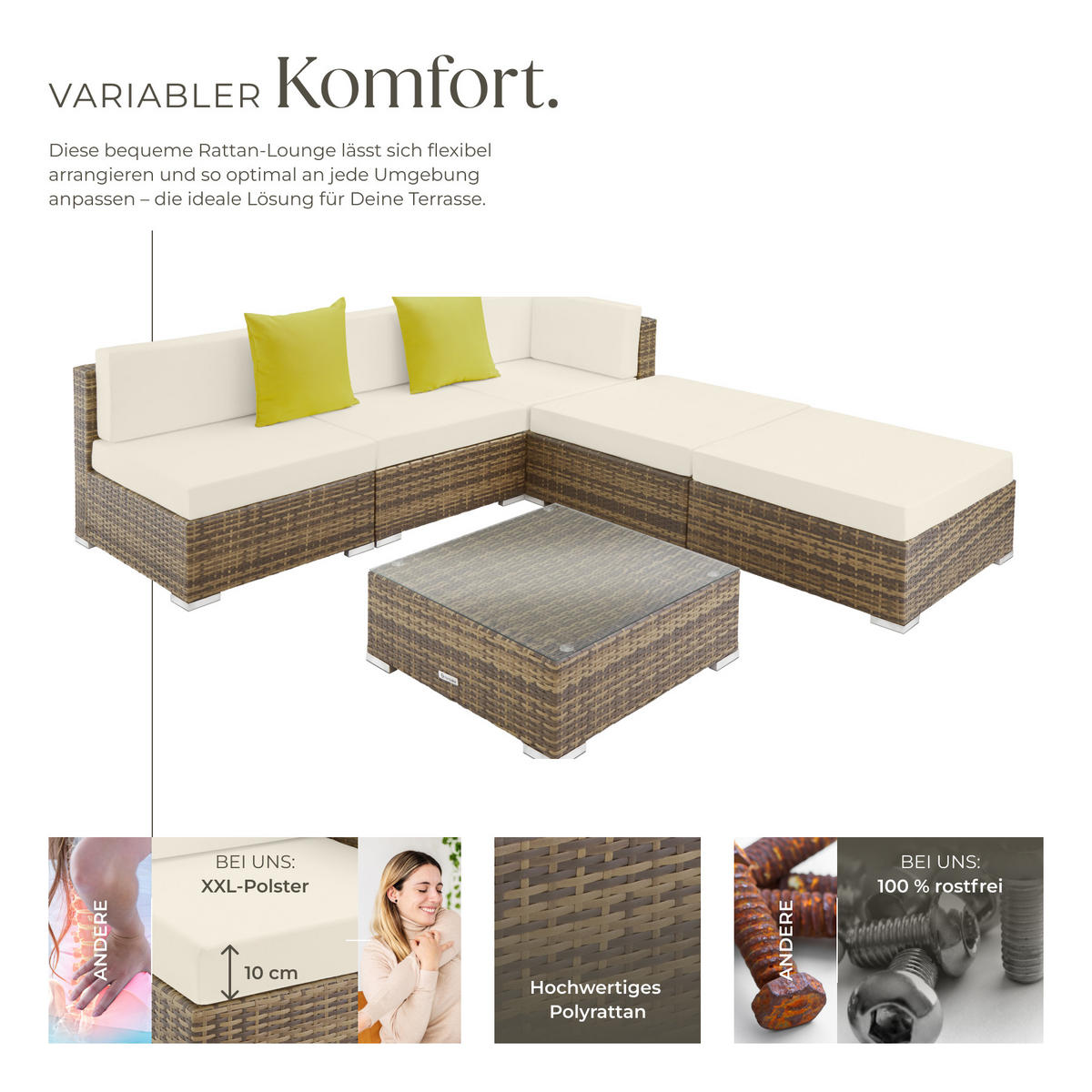 RATTANLOUNGE Paris, mit Sicherheitsglasplatte, natur - Naturfarben, Kunststoff - tectake