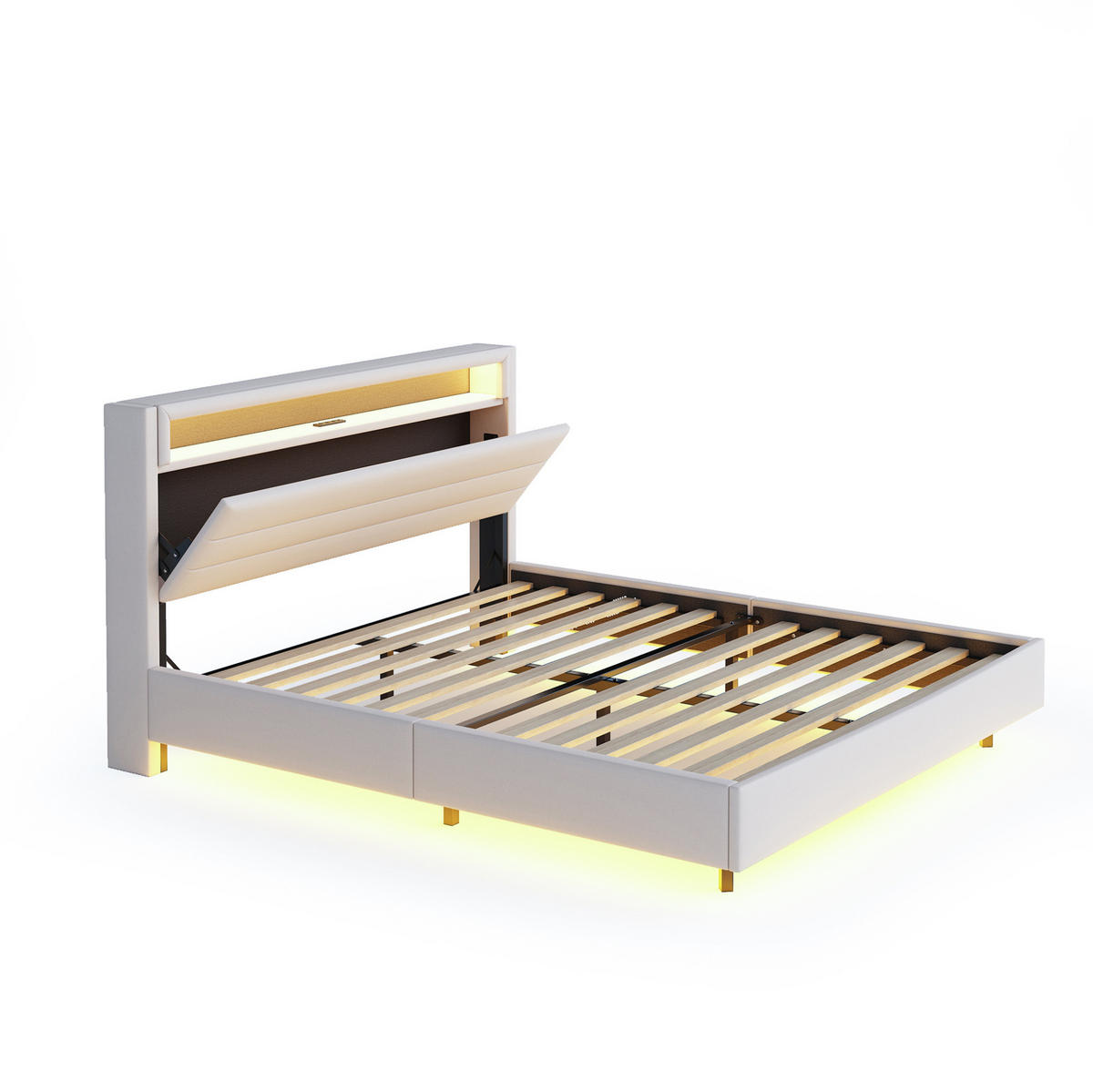 POLSTERBETT 160/200 cm mit LED-Beleuchtung, USB-Anschluss und gepolstertem Kopfteil - Beige, Textil (160/200cm) - BEAOK