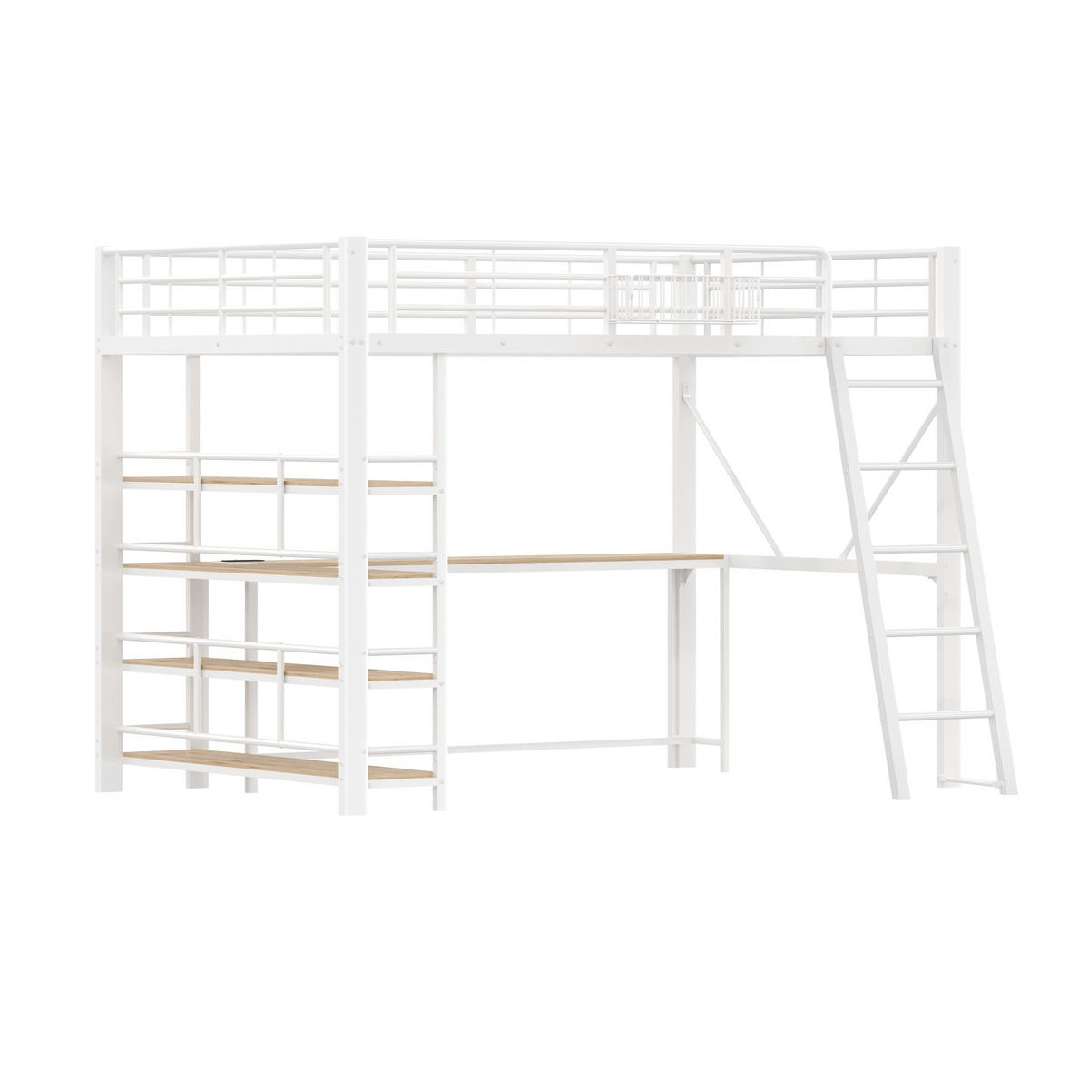 HOCHBETT aus Metall und MDF 140x200 cm Weiß mit Schreibtisch, LED-Beleuchtung, Regal und Aufbewahrungskorb - Weiß, Holzwerkstoff (140/200cm) - Modfu
