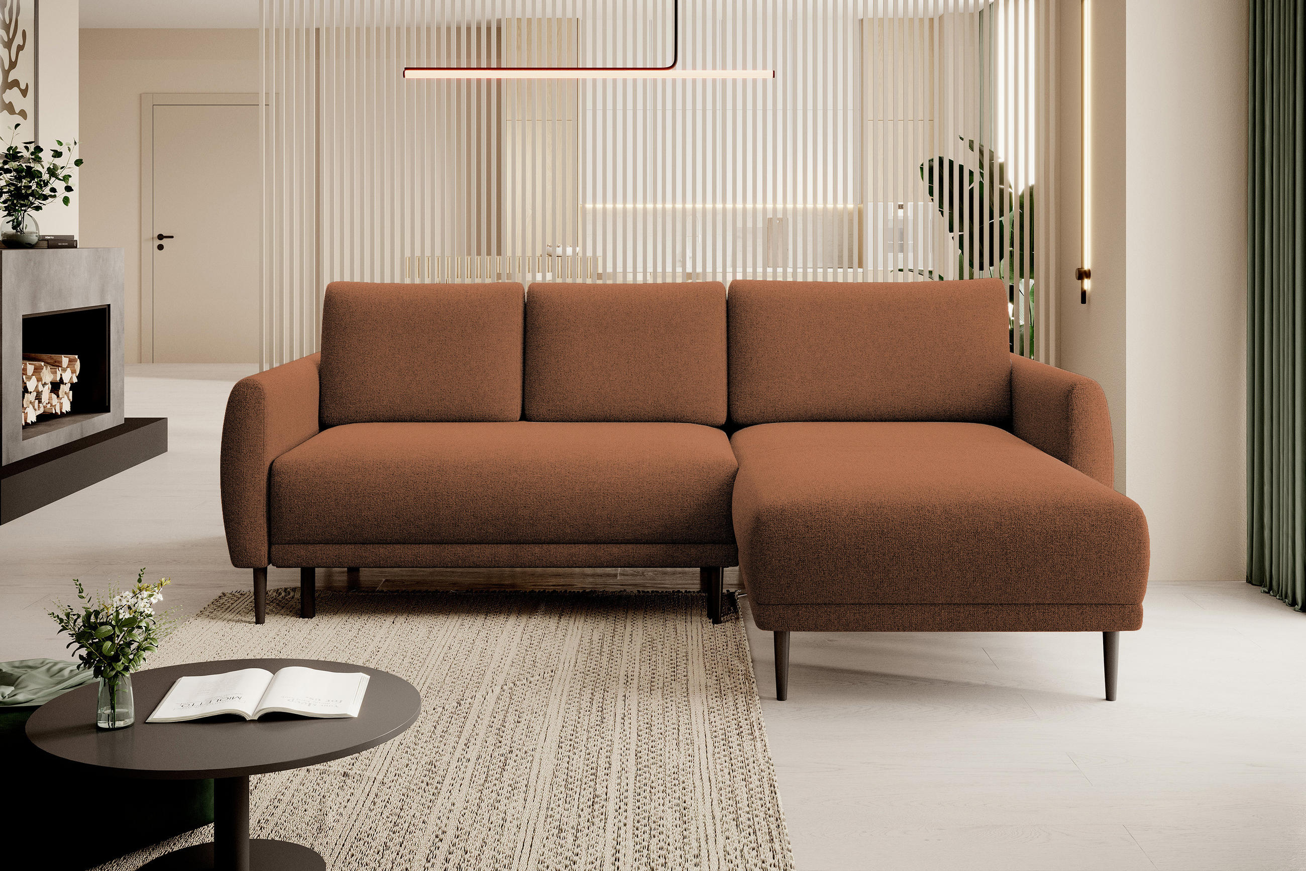 ECKSOFA Bono – Stilvolles Sofa mit Schlaffunktion, Robuste Holzfüße, Elegante Armlehnen, Tiefe Sitzfläche 226x164x88 cm – Rechte, Braun - Braun, Holz/Textil (226/164cm) - DomoHome