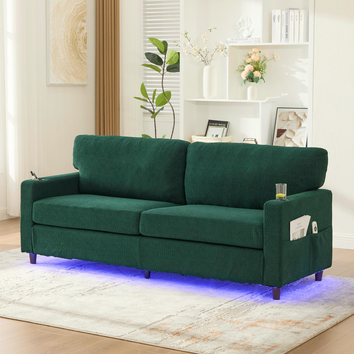 2-SITZER SOFA Chenille Smaragd mit USB-C, LED und Getränkehaltern - Jadegrün, Holzwerkstoff/Textil (203/86/77.5cm) - WISHDOR