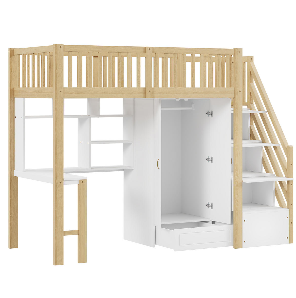 HOCHBETT 90/200 cm mit Kleiderschrank, Schreibtisch und Stauraumtreppe - Naturfarben, Holz (90/200cm) - Flora Grace