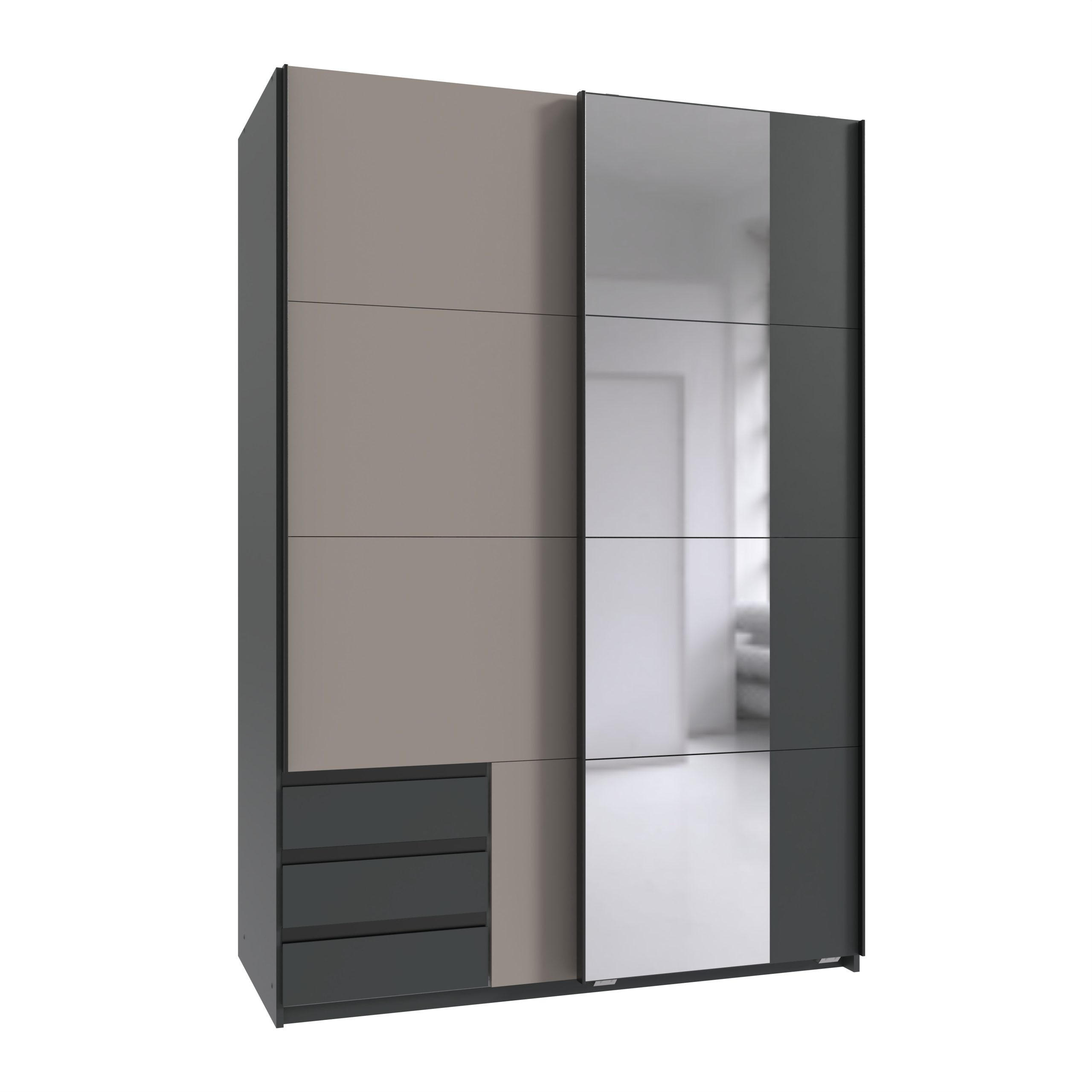 KLEIDERSCHRANK Emden in Graphit mit Saharagrau - Schwebetürenschrank Breite 135 cm mit Spiegel - Grau, Holzwerkstoff (135/198/65cm)