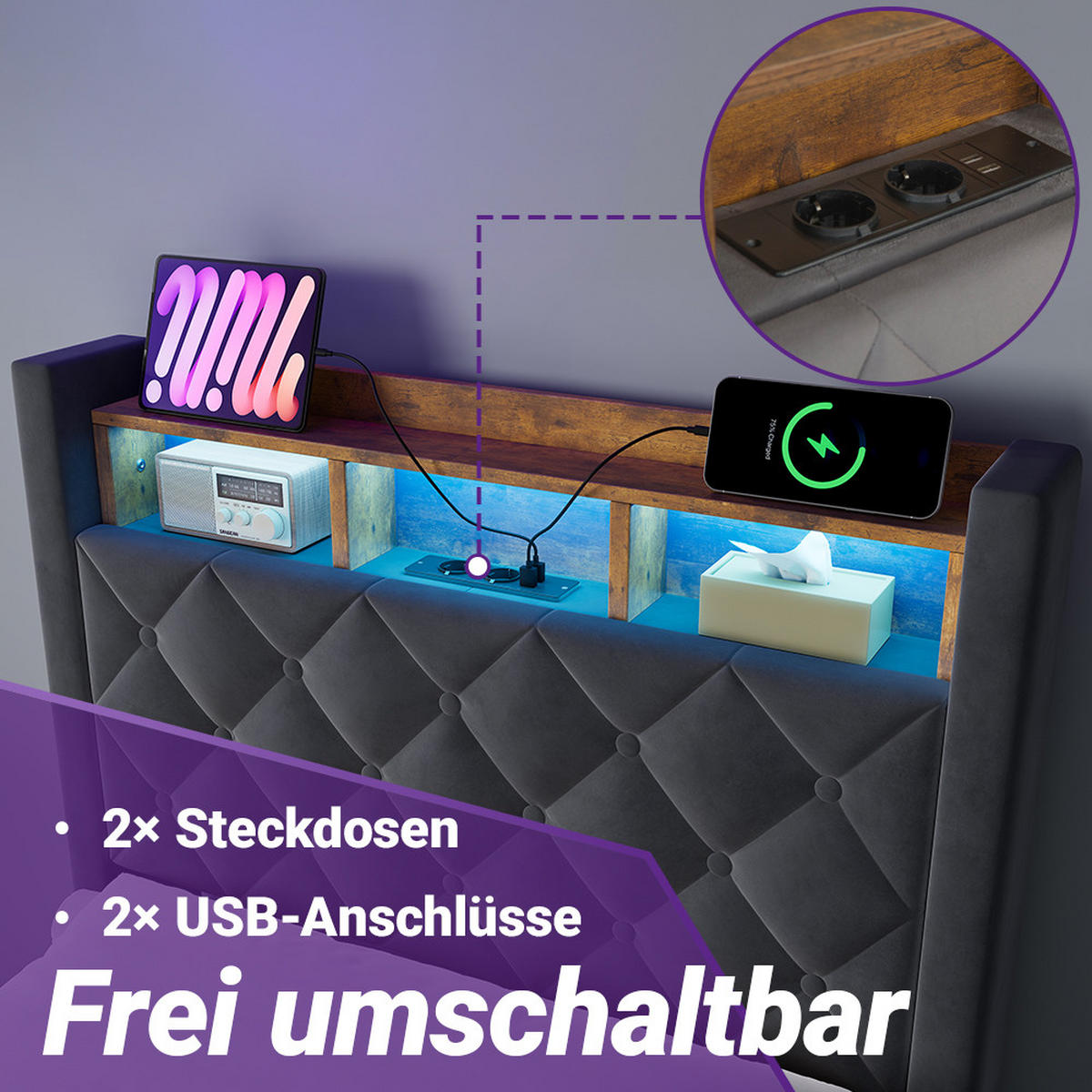 POLSTERBETT 90/190 cm in Grau, Samt, mit USB, LED, Bettkasten, ohne Matratze - Grau, Holzwerkstoff/Textil (90/190cm) - WISHDOR