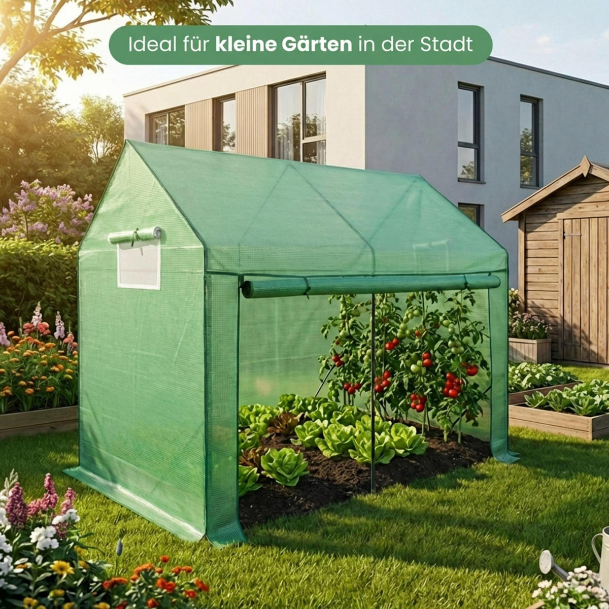 GEWÄCHSHAUS in Hausform, Grün, 200x140x200 cm - Grün, Metall (200/200/140cm) - Akord