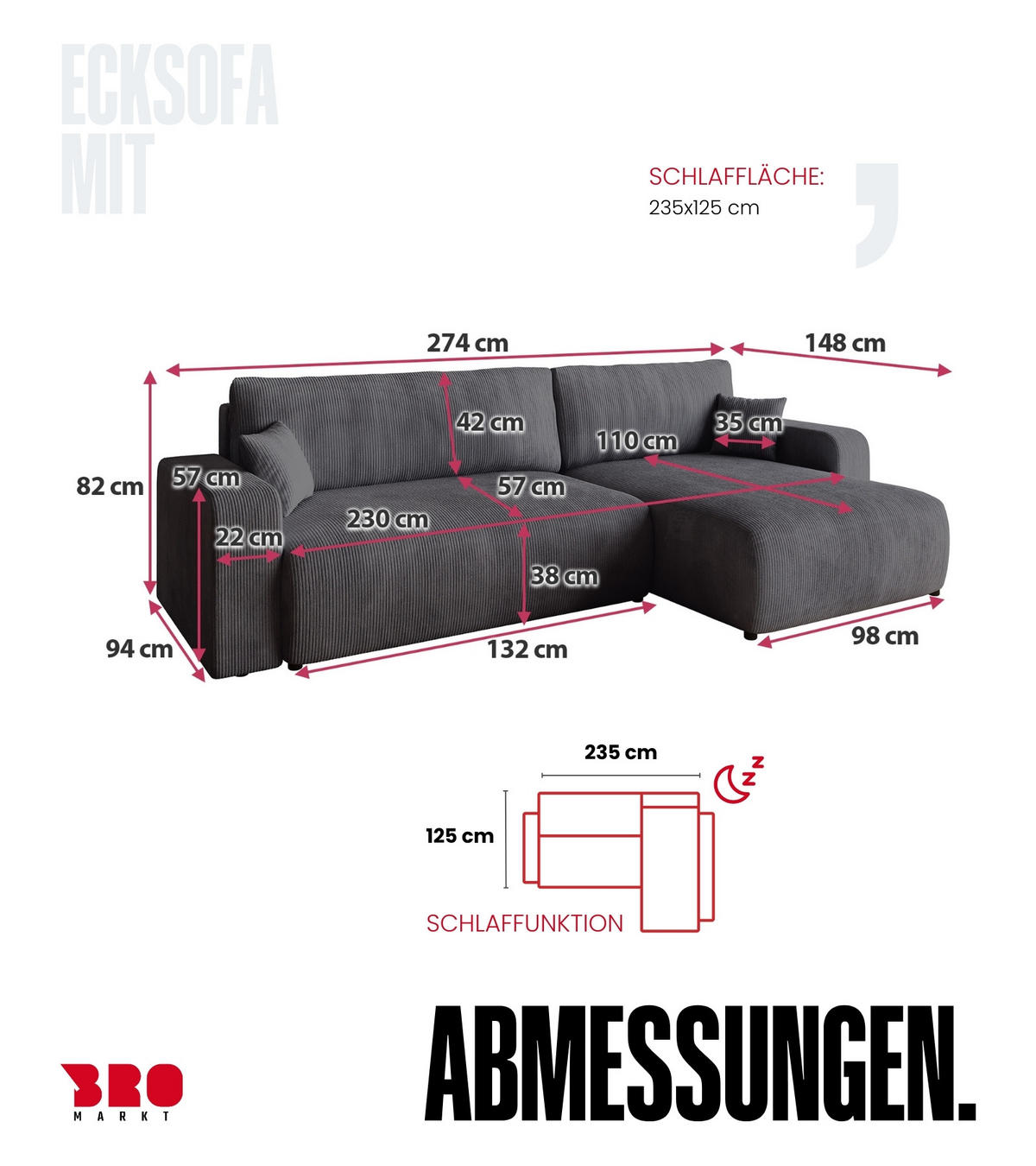 ECKSOFA PUMI XL mit Schlaffunktion Grau Cord - Grau, Textil (274/148cm) - Bromarkt