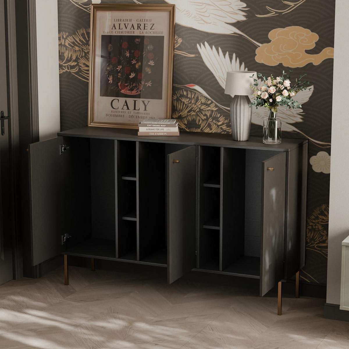 KOMMODE FLOW 157/41/95 cm, Schwarz - Schwarz, Holzwerkstoff/Metall (157.7/95/40.8cm) - Idohome
