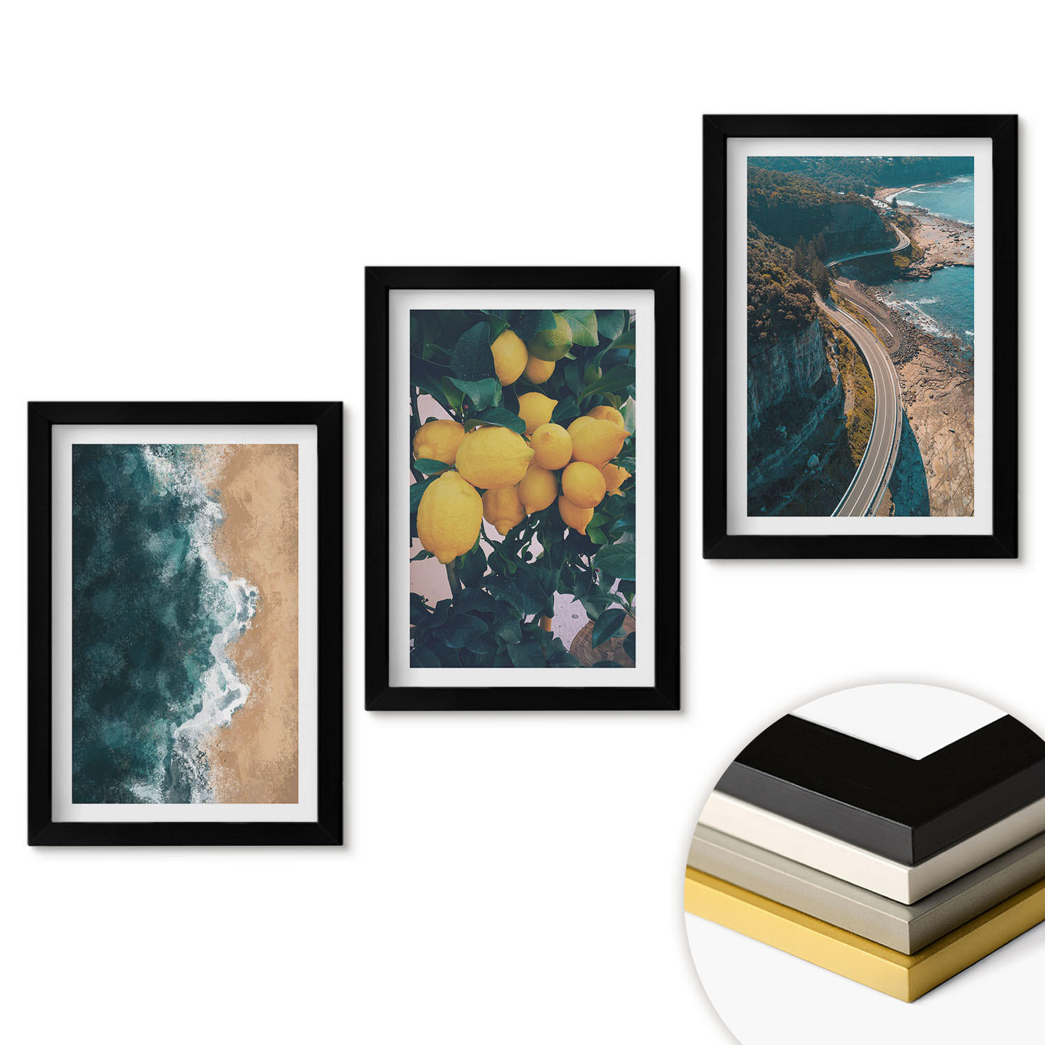 WANDBILDER 3er-Set - 20x30 cm Schwarzer Rahmen - Meerstrand Zitronen Berge - Schwarz, Kunststoff (20/30cm) - ArtPrintCave