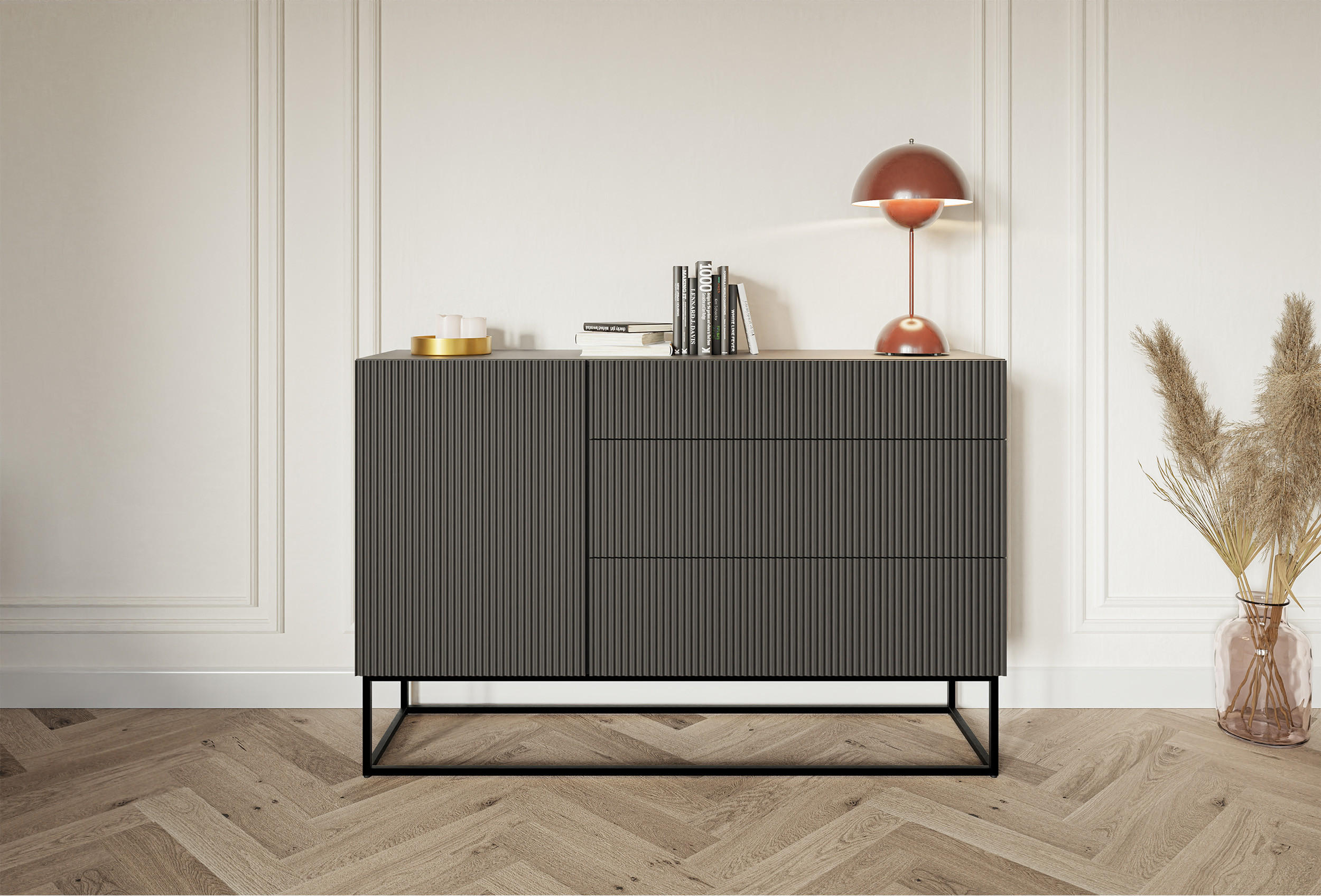 SIDEBOARD Veldio Schwarz mit Schubladen und schwarzen Beinen 140 cm - Schwarz, Holzwerkstoff/Metall (140/90/38cm) - Selsey