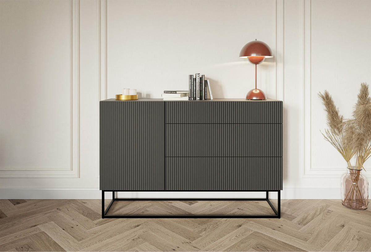 SIDEBOARD Veldio Schwarz mit Schubladen und schwarzen Beinen 140 cm - Schwarz, Holzwerkstoff/Metall (140/90/38cm) - Selsey