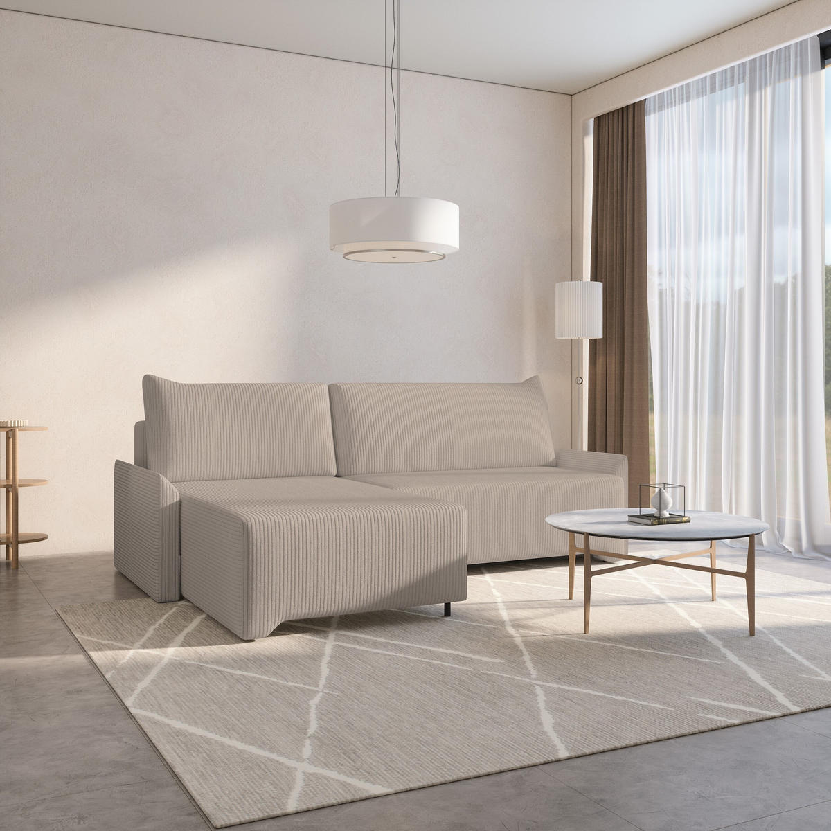 ECKSCHLAFSOFA - Rocky - Links, Beige (Poso 02) - Beige/Schwarz, Holzwerkstoff/Metall (245/174cm) - Möblo