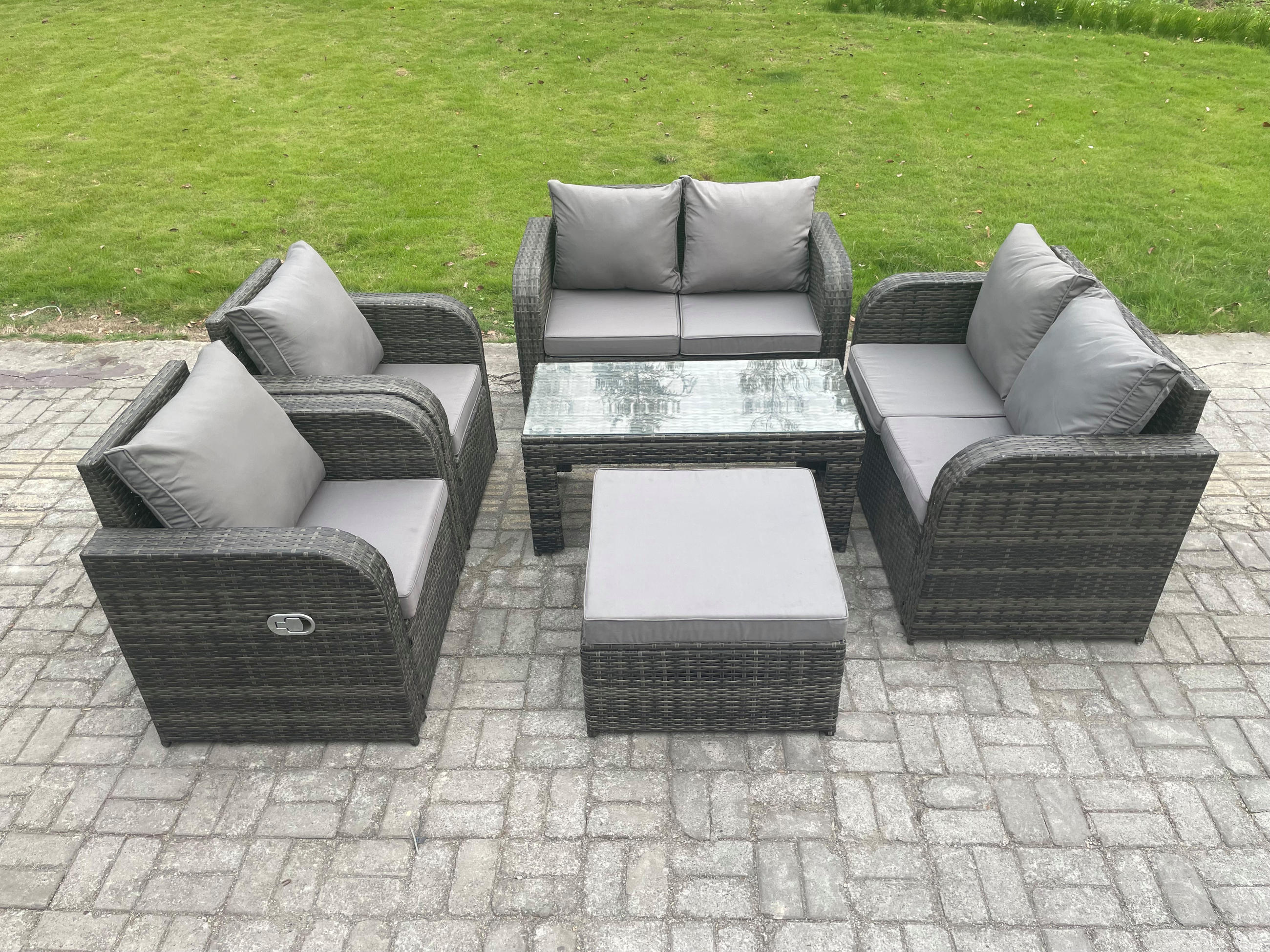 GARTENSOFA SET mit LIEGESTUHL Polyrattan 7-Sitzer Dunkelgrau - Dunkelgrau/Grau, Glas/Kunststoff - Fimous