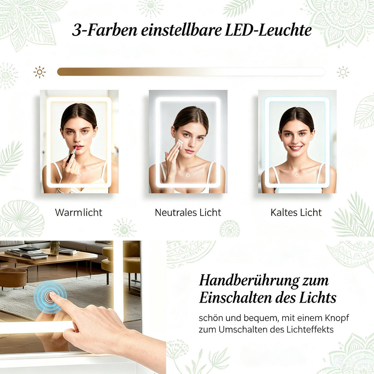 SCHMINKTISCH mit dreifarbigem, verstellbarem LED-Schminkspiegel, weiß, 80 × 40 × 140 cm - Weiß, Glas (40/140/80cm) - Vallsero