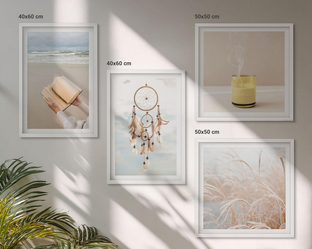 WANDBILDER 4er-Set - 50x50 cm & 40x60 cm Weißer Rahmen - Sommerlandschaften im Boho-Stil - Weiß, Kunststoff (50/50cm) - ArtPrintCave
