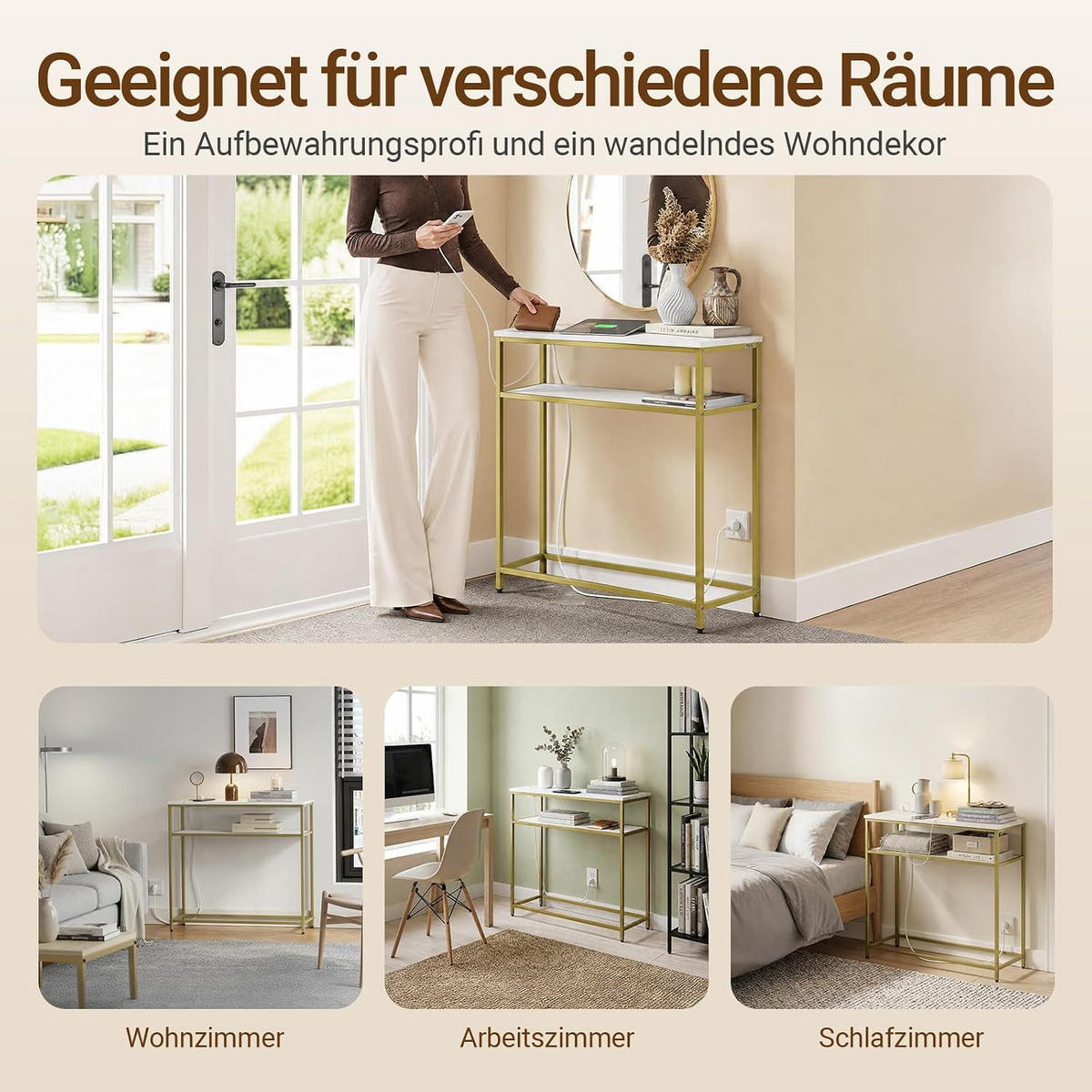 KONSOLENTISCH mit 2 Ablagen und 2 Steckdosen modern 80x30x75 cm - Goldfarben/Weiß, Holzwerkstoff/Metall (30/80/75cm) - SoBuy