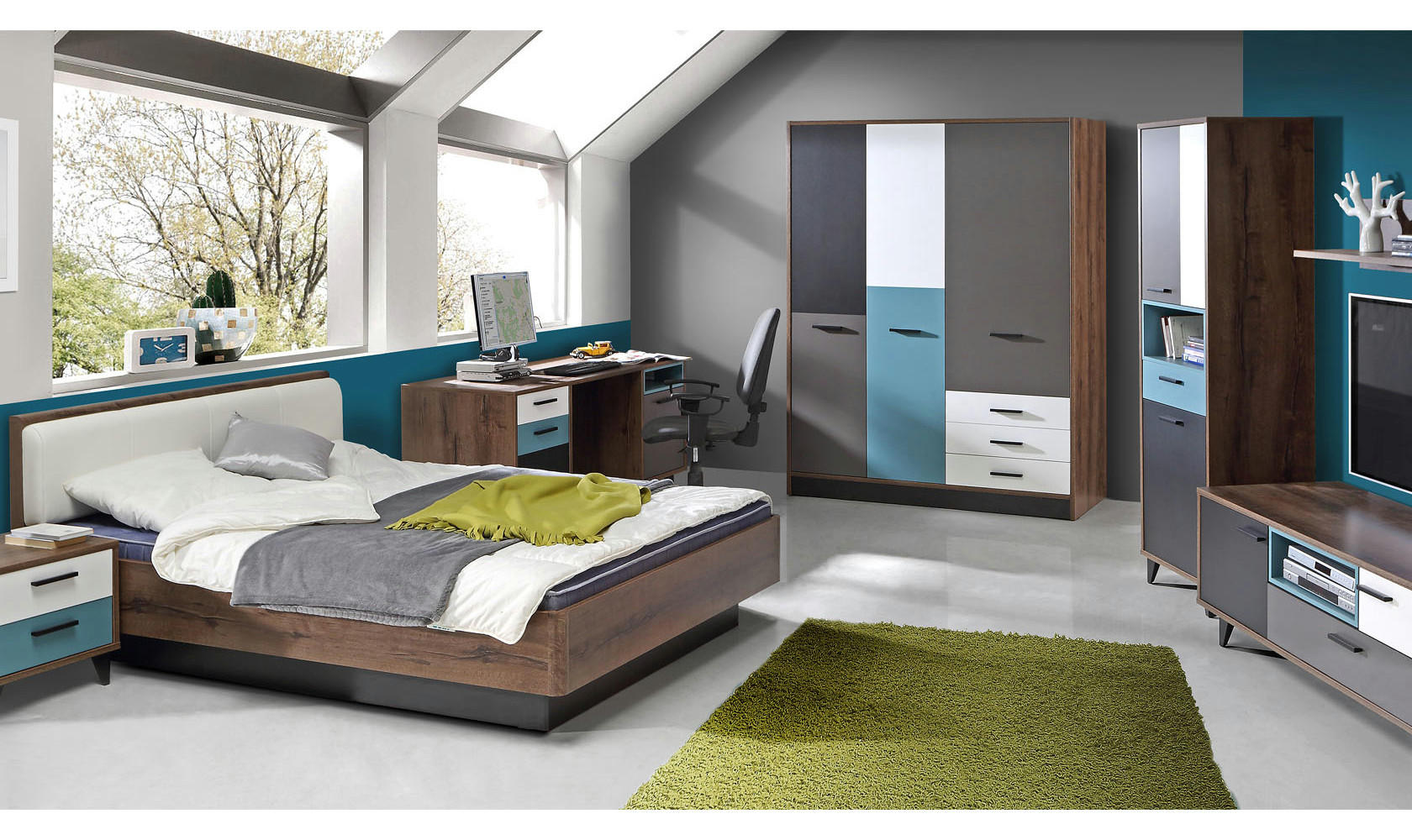 JUGENDZIMMER Raven in Schlammeiche, Grau kombiniert mit Weiß, Schwarz und Orientalisch Grün 7 teilig mit Drehtürenschrank - Grau, Holzwerkstoff (120/200/80cm)