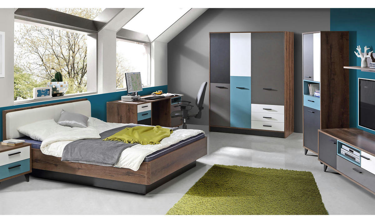 JUGENDZIMMER Raven in Schlammeiche, Grau kombiniert mit Weiß, Schwarz und Orientalisch Grün 7 teilig mit Drehtürenschrank - Grau, Holzwerkstoff (120/200/80cm)