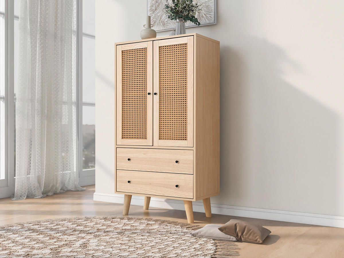 HIGHBOARD mit Rattantüren und 2 Schubladen in Eicheoptik - Eichefarben, Holzwerkstoff (60/120/40cm) - Urban Meuble