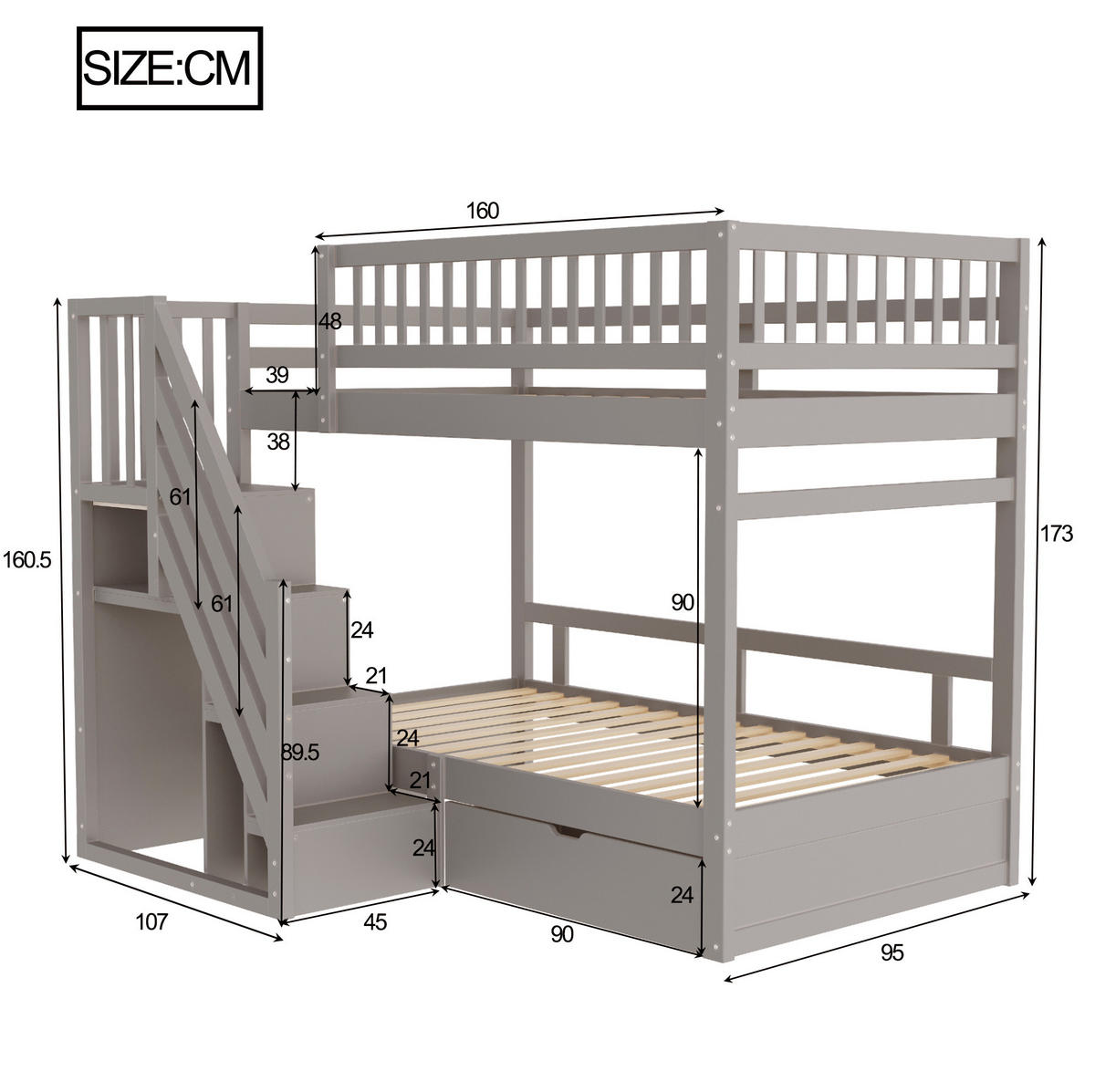 ETAGENBETT 90/200 cm grau aus Massivholz mit Stauraum - Grau, Holzwerkstoff (90/200cm) - OKWISH