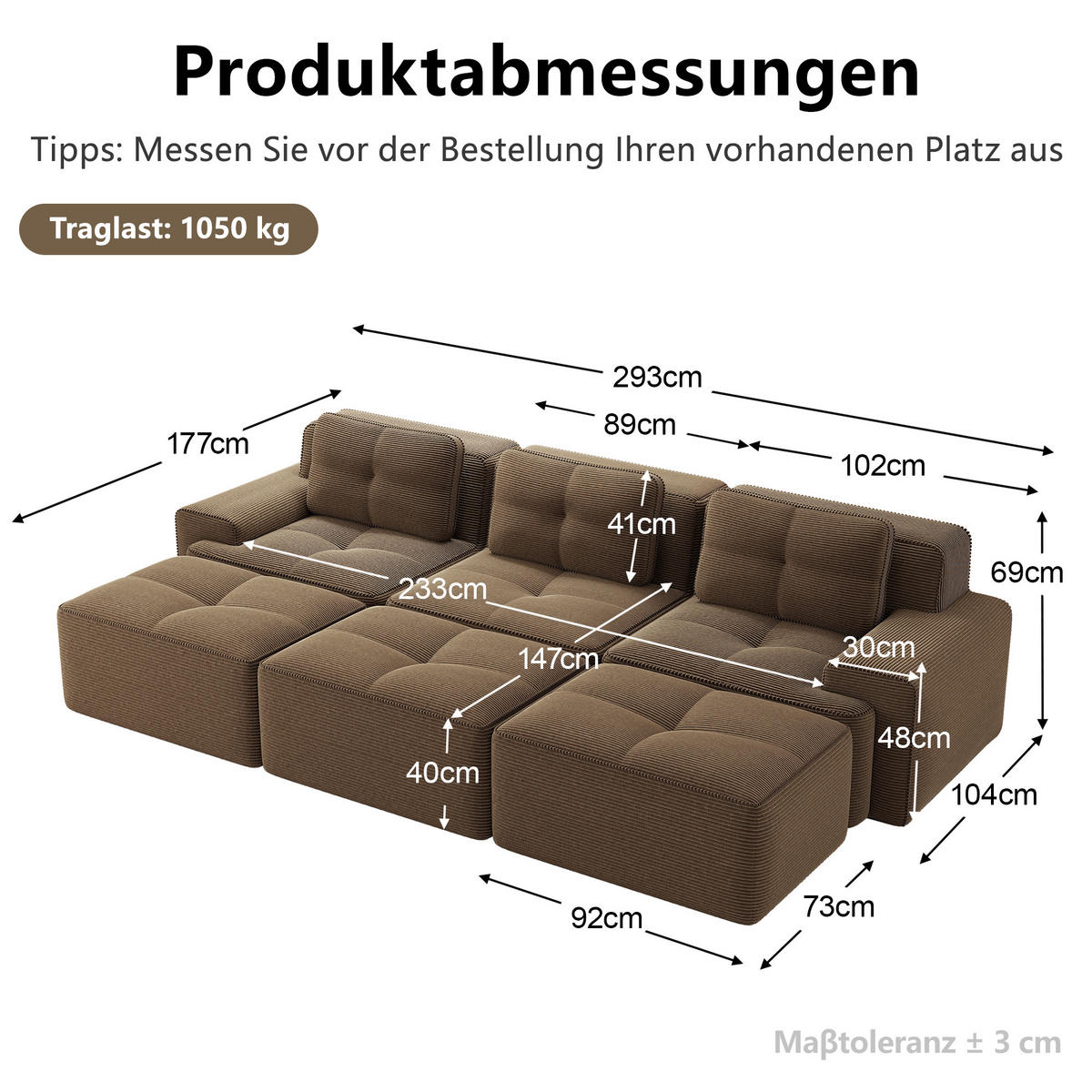 WOHNLANDSCHAFT DE-34189 mit Schlaffunktion und 3 Hockern Braun - Braun, Textil (177/293cm) - ComfortXL