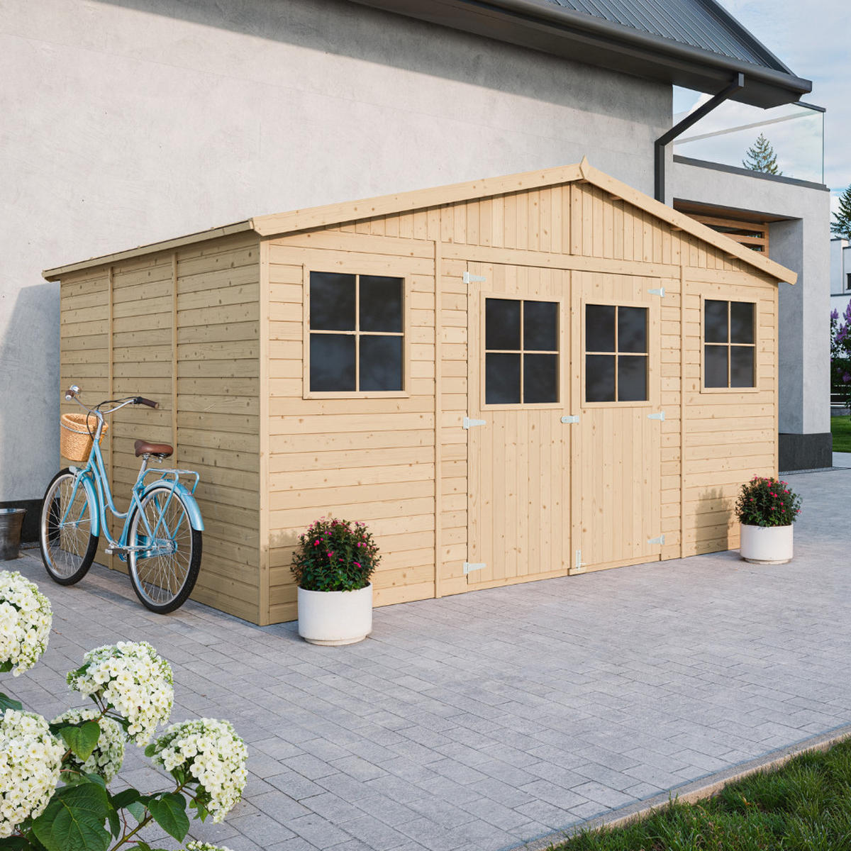 HOLZ-GARTENHAUS H246 x 418 x 320 cm/ 12 m² - Beige, Holz (418/246/320cm) - Timbela