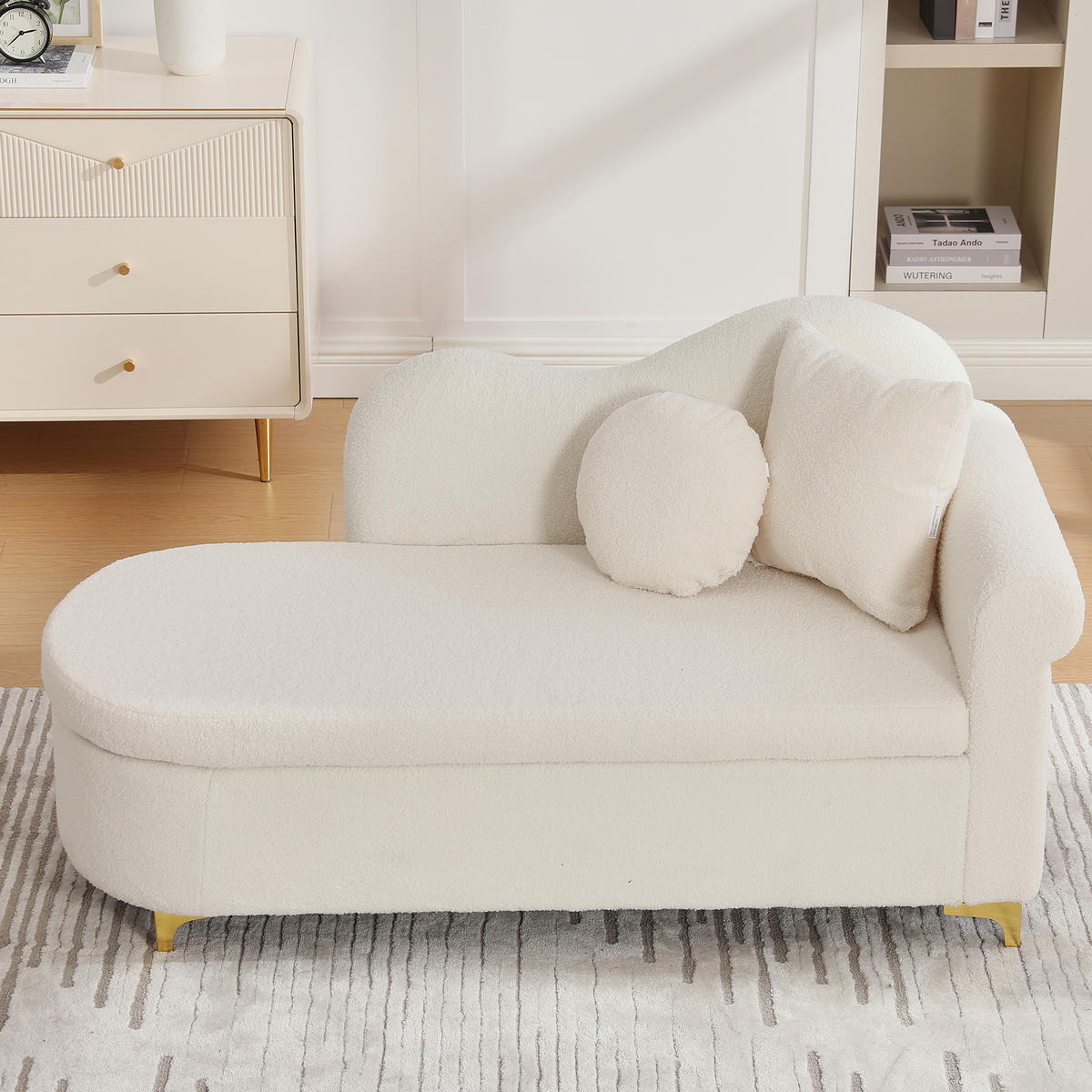RÉCAMIERE Stoff Beige & Weiß mit Stauraum und mit Kissen - Beige, Holzwerkstoff/Textil (134/70/64cm) - WISHDOR