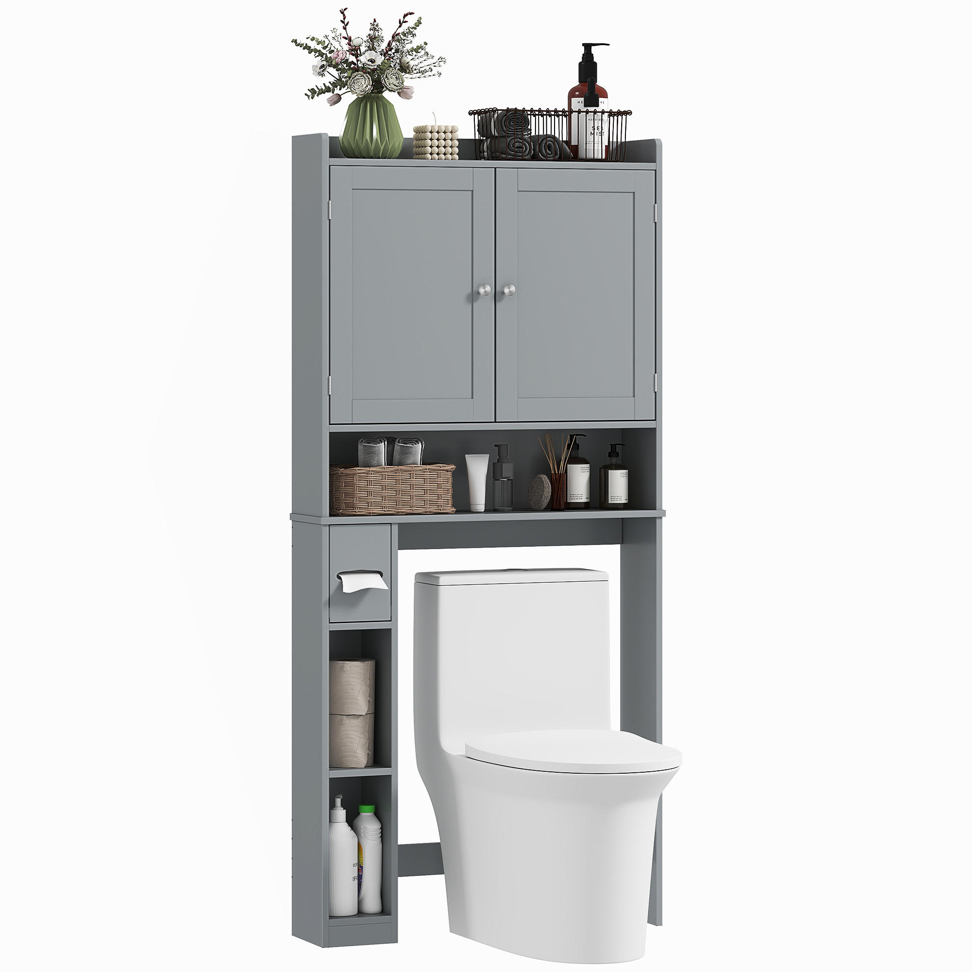 BADEZIMMERREGAL DE-15933 mit Toilettenpapierhalter Grau - Grau, Holzwerkstoff (19.5/170/80cm) - ComfortXL