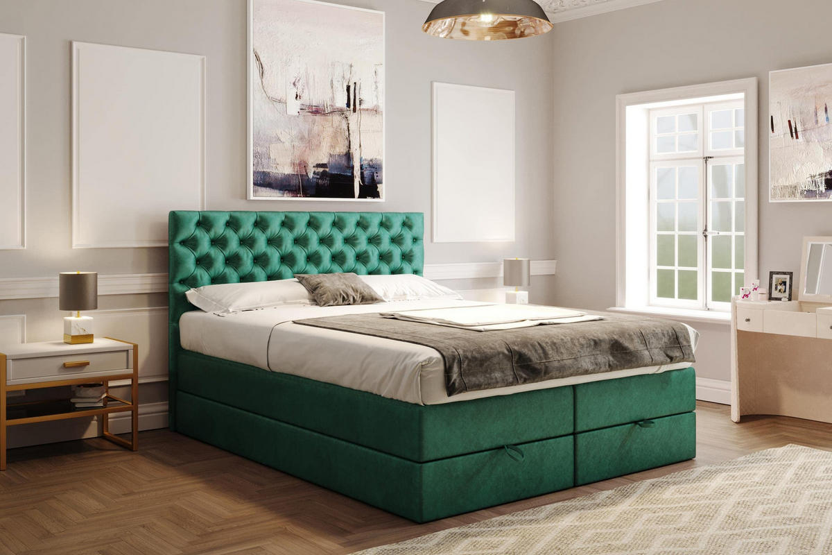 BOXSPRINGBETT 140 x 200 cm LUWR mit H3 Bonell, Bettkasten, Taschenmatratze, Chesterfield Kopfteil, Grün - Grün, Holz/Kunststoff (140/200cm) - Trada