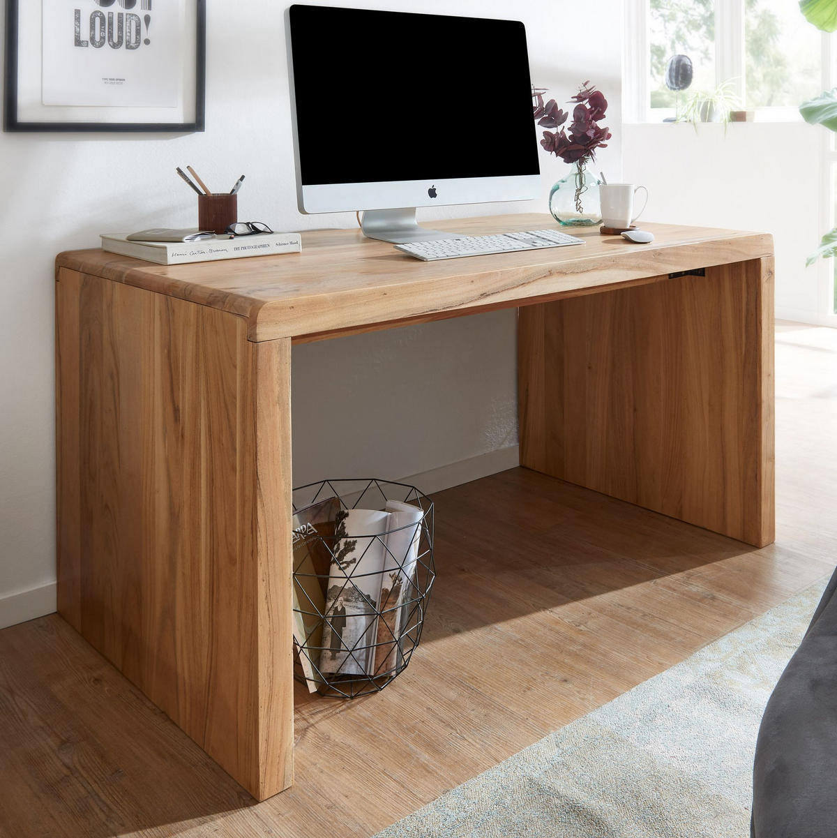 SCHREIBTISCH Massivholz Stauraum Abgerundete Ecken, Beige 140x80x76 cm - Beige, Holz (80/140/76cm) - KADIMA DESIGN