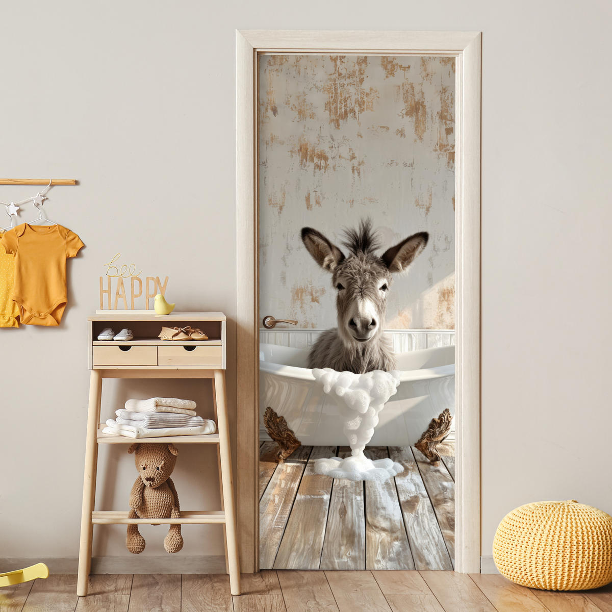 TÜRAUFKLEBER Selbstklebend - Esel - Tier - Vintage - Badewanne 95x235 cm - Türtapete - Eukalyptusholzfarben, Kunststoff (95/0.1cm) - MuchoWow