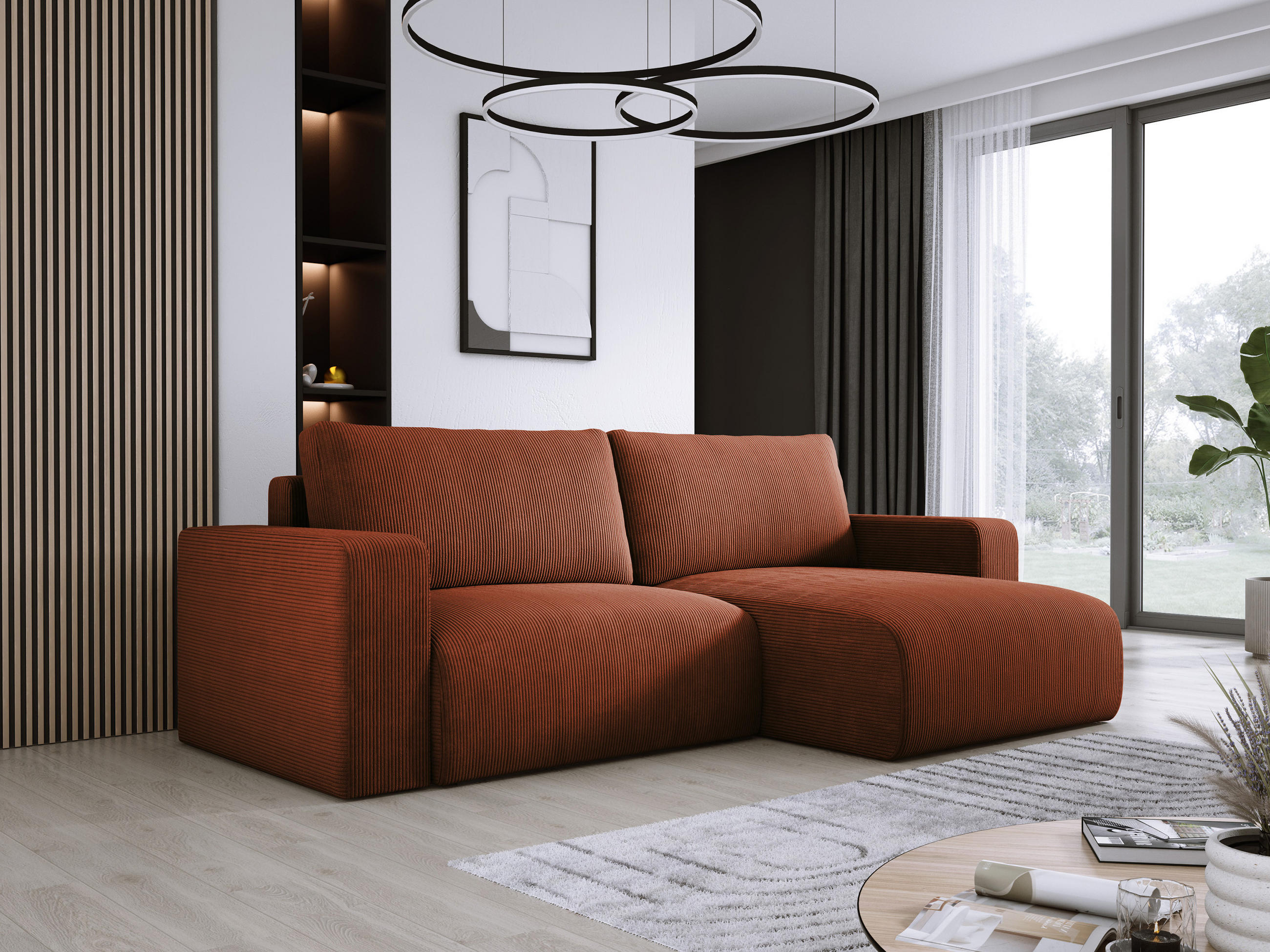 ECKSOFA Carl L-förmig Schlaffunktion und Bettkasten weicher Cordstoff flexibel stellbar lose Rückenkissen freistehend RECHTS 247x143x83cm Brown - Braun, Holz/Textil (247/143cm) - DomoHome