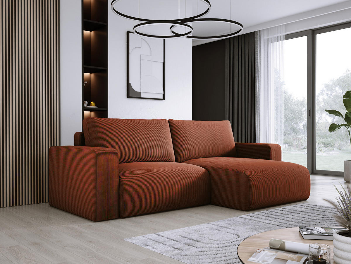 ECKSOFA Carl L-förmig Schlaffunktion und Bettkasten weicher Cordstoff flexibel stellbar lose Rückenkissen freistehend RECHTS 247x143x83cm Brown - Braun, Holz/Textil (247/143cm) - DomoHome