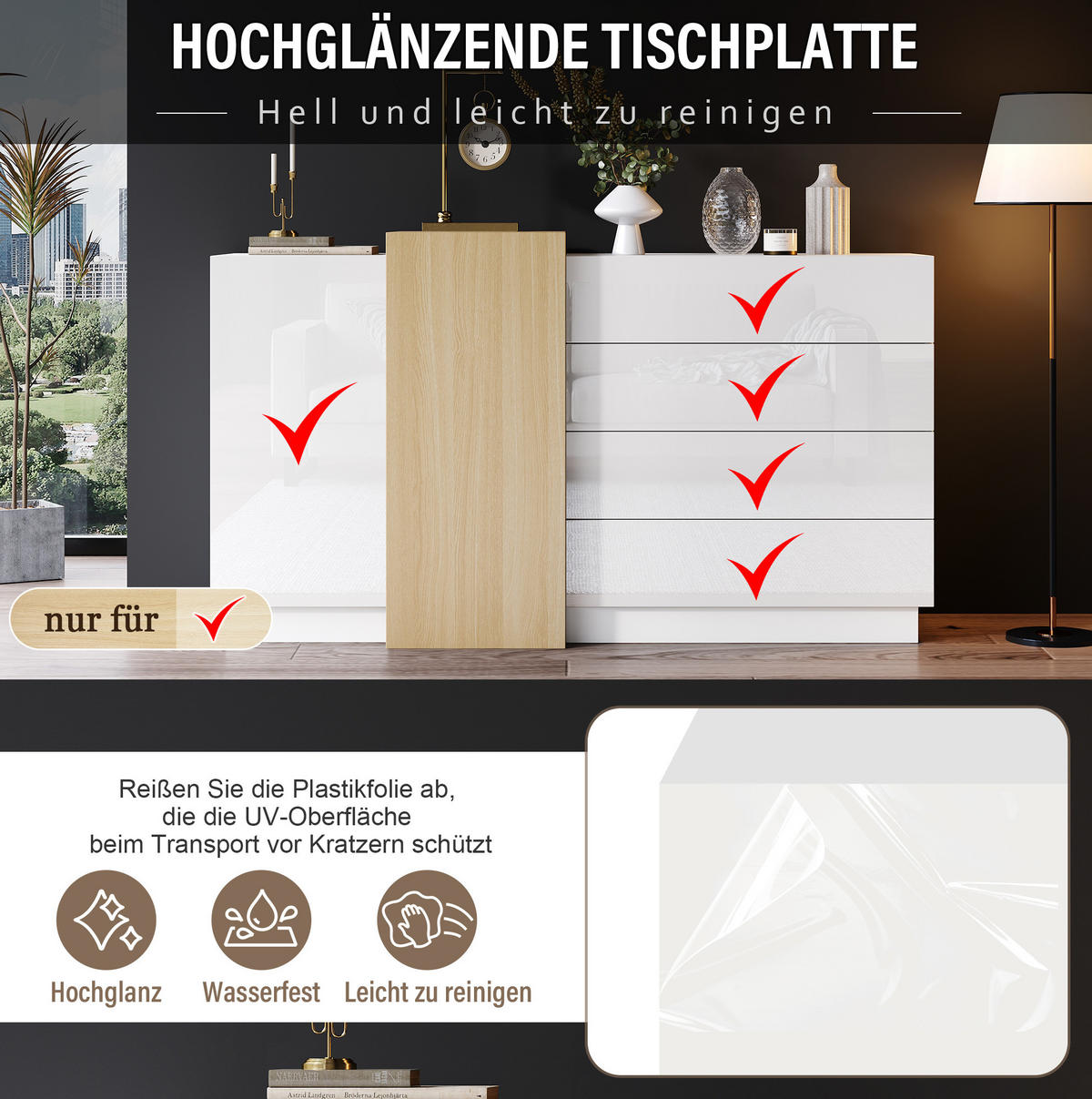 SIDEBOARD 140/35/76,5 cm mit 4 Schubladen, 2 Türen, Push-to-Open und Hochglanzfront, Weiß - Weiß, Holzwerkstoff (140/76.5/35cm) - Redom