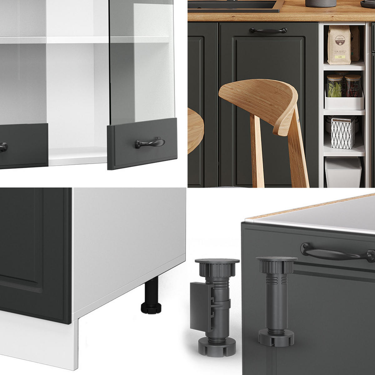 SINGLEKÜCHE R-Line Anthrazit Landhaus/Weiß 160 cm, AP Anthrazit - Dunkelgrau/Anthrazit, Holzwerkstoff (160/81.6/60cm) - Vicco