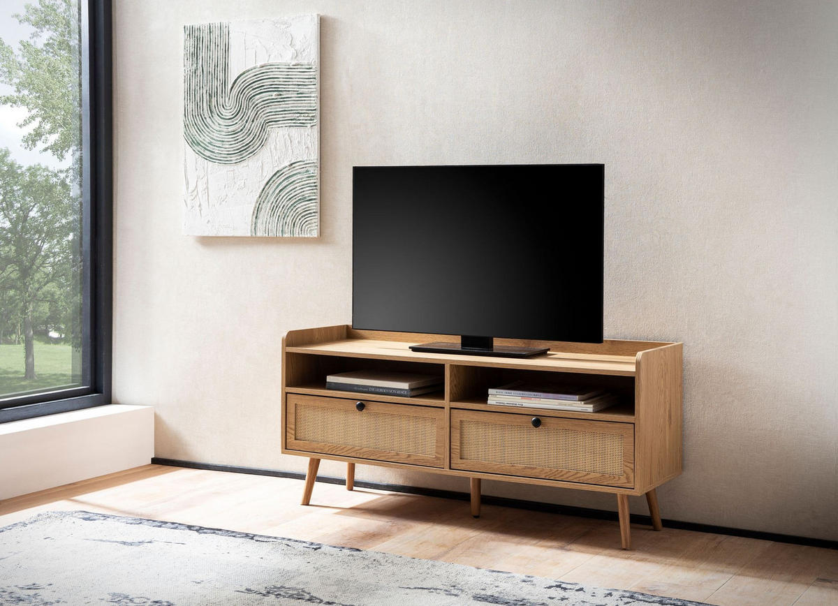 LOWBOARD Eiche-Dekor Rattan Modern Stil 120x56x39 cm mit Schubladen - Eichefarben/Braun, Holz (120/56/39cm) - KADIMA DESIGN