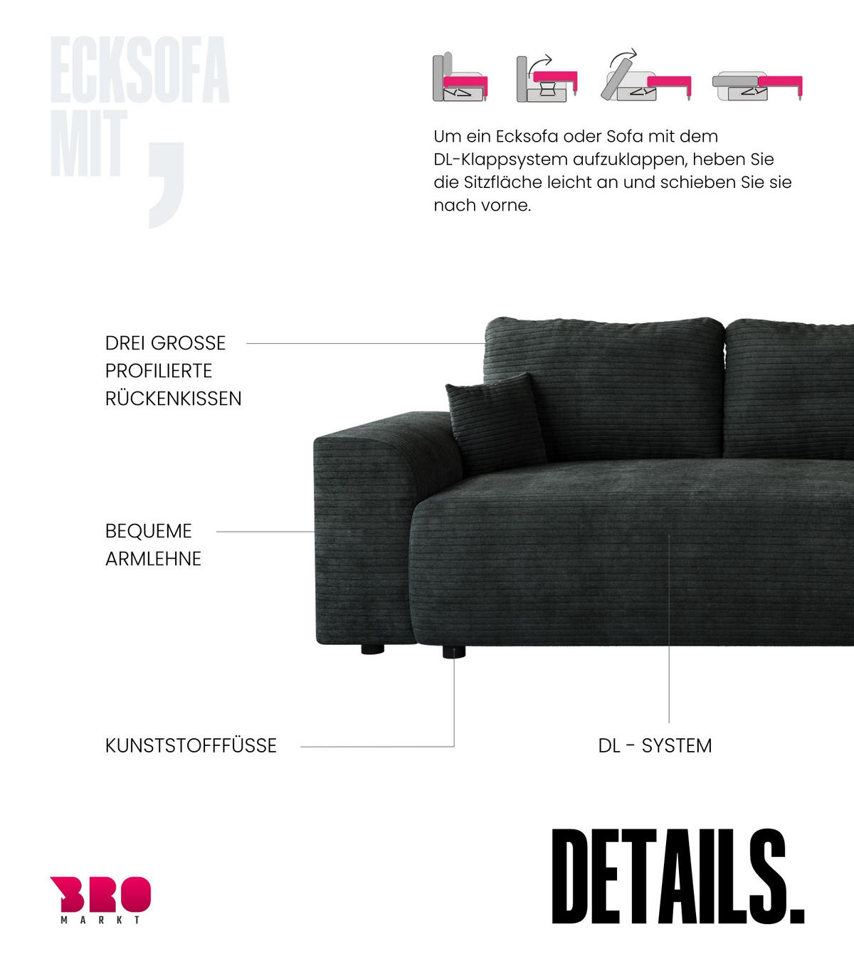 ECKSOFA Romeo mit Schlaffunktion Dunkelgrau - Dunkelgrau, Textil (285/185cm) - Bromarkt
