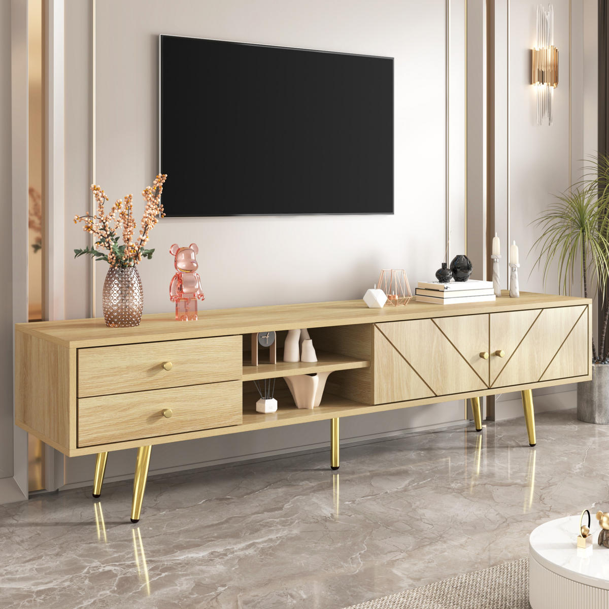 LOWBOARD 160/36/42 cm in Holzfarbe aus MDF und Spanplatte mit Rillendesign und goldfarbenen Metallfüßen - Braun, Holzwerkstoff (36/42/160cm) - OKMYHOME