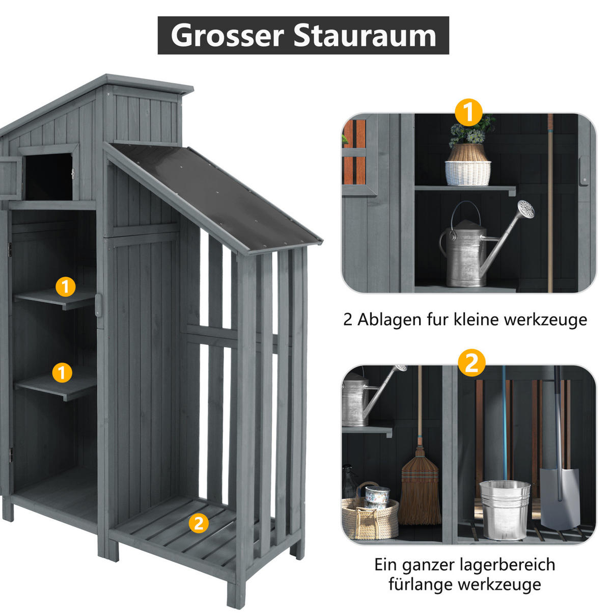 GARTENSCHRANK 124/46/174 cm mit 2 Ablagen und großem Stauraum aus Tannenholz, Grau - Grau, Holz (46/174/124cm) - Redom