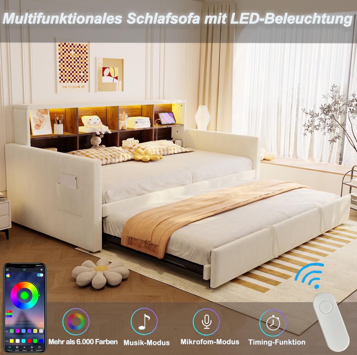 POLSTERBETT 90/190 cm aus Samt mit ausziehbarem Gästebett und LED-Kopfteil Beige - Beige, Textil (90/190cm) - Modenvie