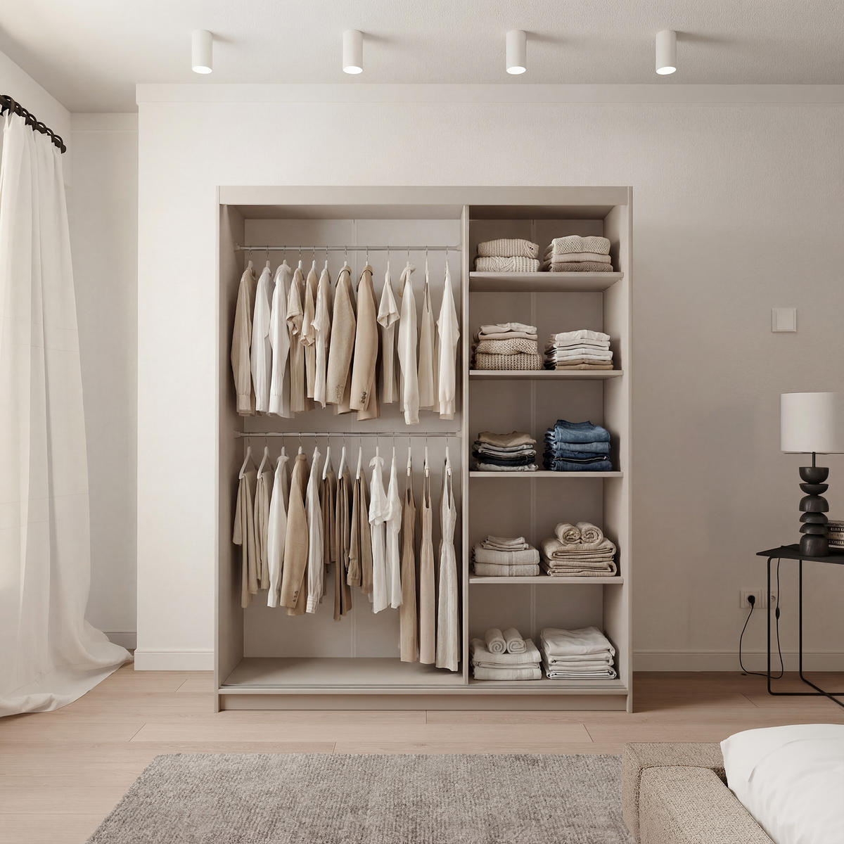 SCHIEBETÜRENSCHRANK SILENTE 160 cm mit Einlegeböden und Kleiderstange - Beige, Holzwerkstoff (160/205/60cm) - Idohome