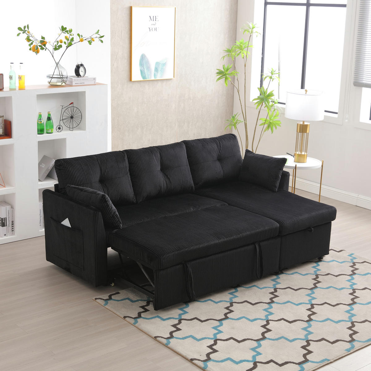 ECKSCHLAFSOFA Cord modular mit Stauraum Schwarz 206/108/66 cm - Schwarz, Textil (108/206cm) - Redom