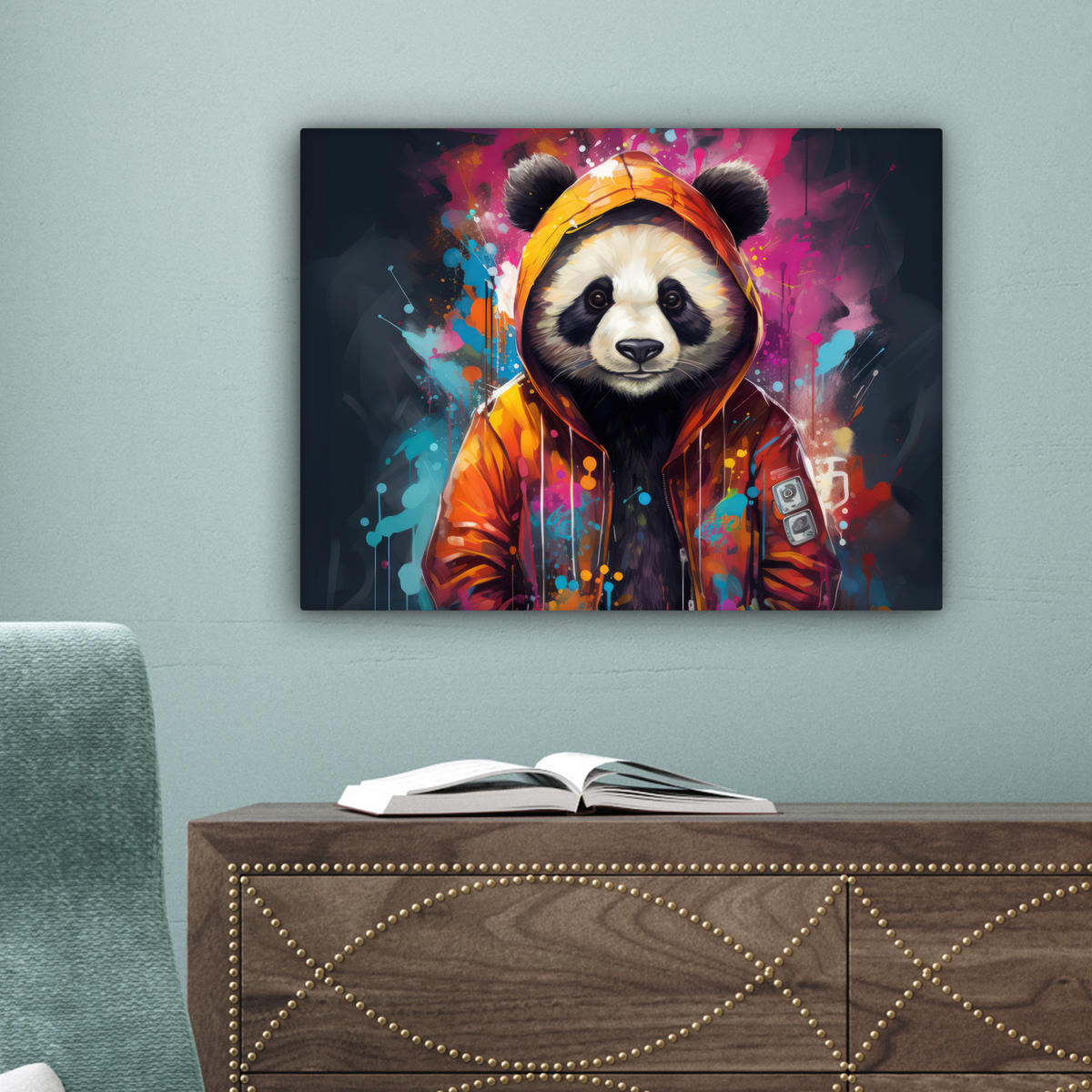 LEINWANDBILD Panda - Jacke - Graffiti - Orange Wandbild 40x30 cm - Orange, Textil (40/30cm) - MuchoWow