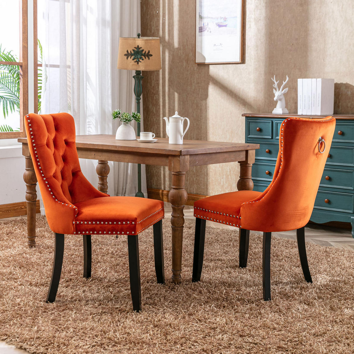 STUHL mit hoher Rückenlehne Samt Orange 2er-Set - Orange, Holz (50/95/65cm) - Meubliv