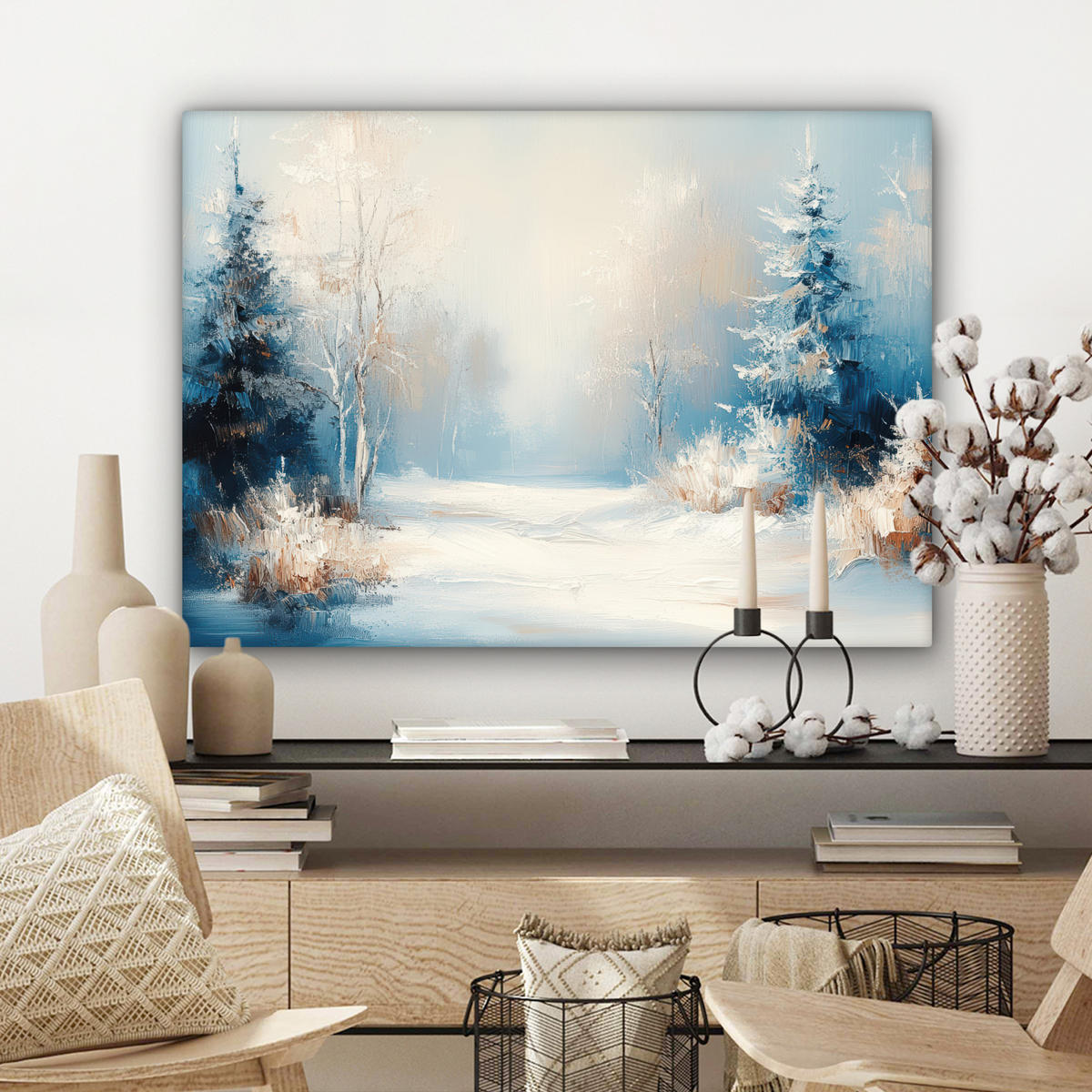 LEINWANDBILD Wald - Winter - Natur - Abstrakt - Schnee Wandbilder 80x60 cm - Weiß, Textil (80/60cm) - MuchoWow
