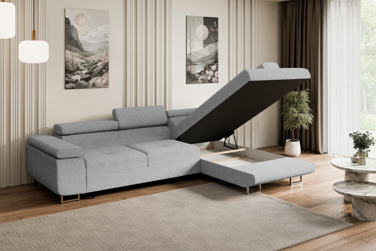 ECKSOFA mit Schlaffunktion und Bettkasten GUSA-L 272x202x107 cm Grau Bouclé - Silberfarben/Hellgrau, Holzwerkstoff/Textil (272/202cm) - ALTDECOR