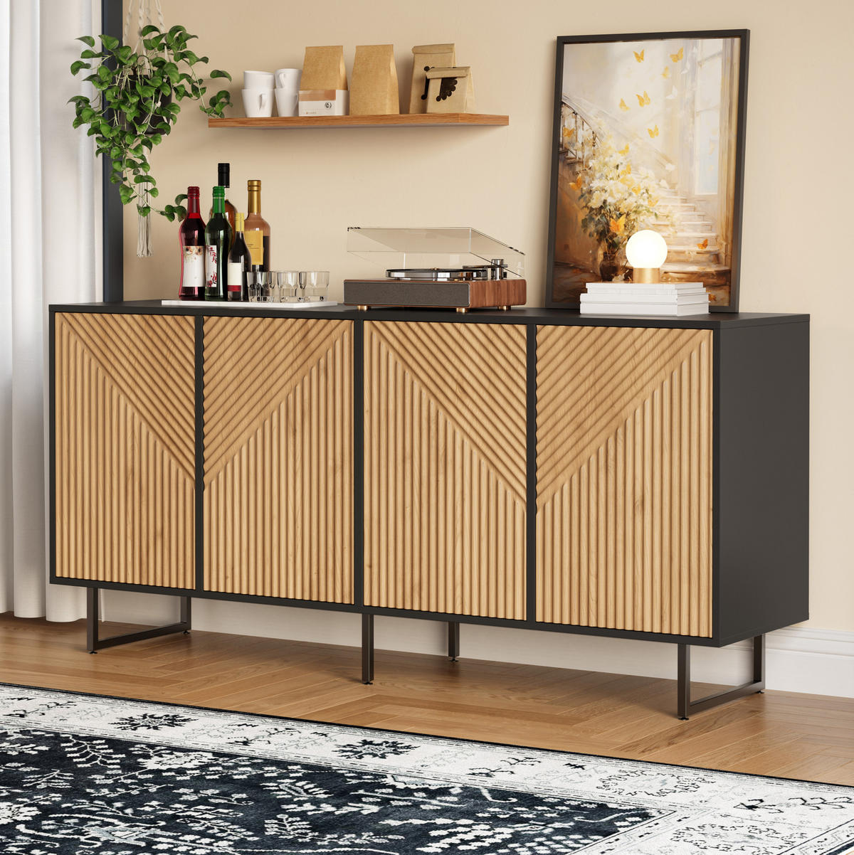 SIDEBOARD 160/40/75 cm naturfarben-schwarz aus Spanplatte mit 4 Türen - Naturfarben, Holzwerkstoff (160/75/40cm) - OKWISH