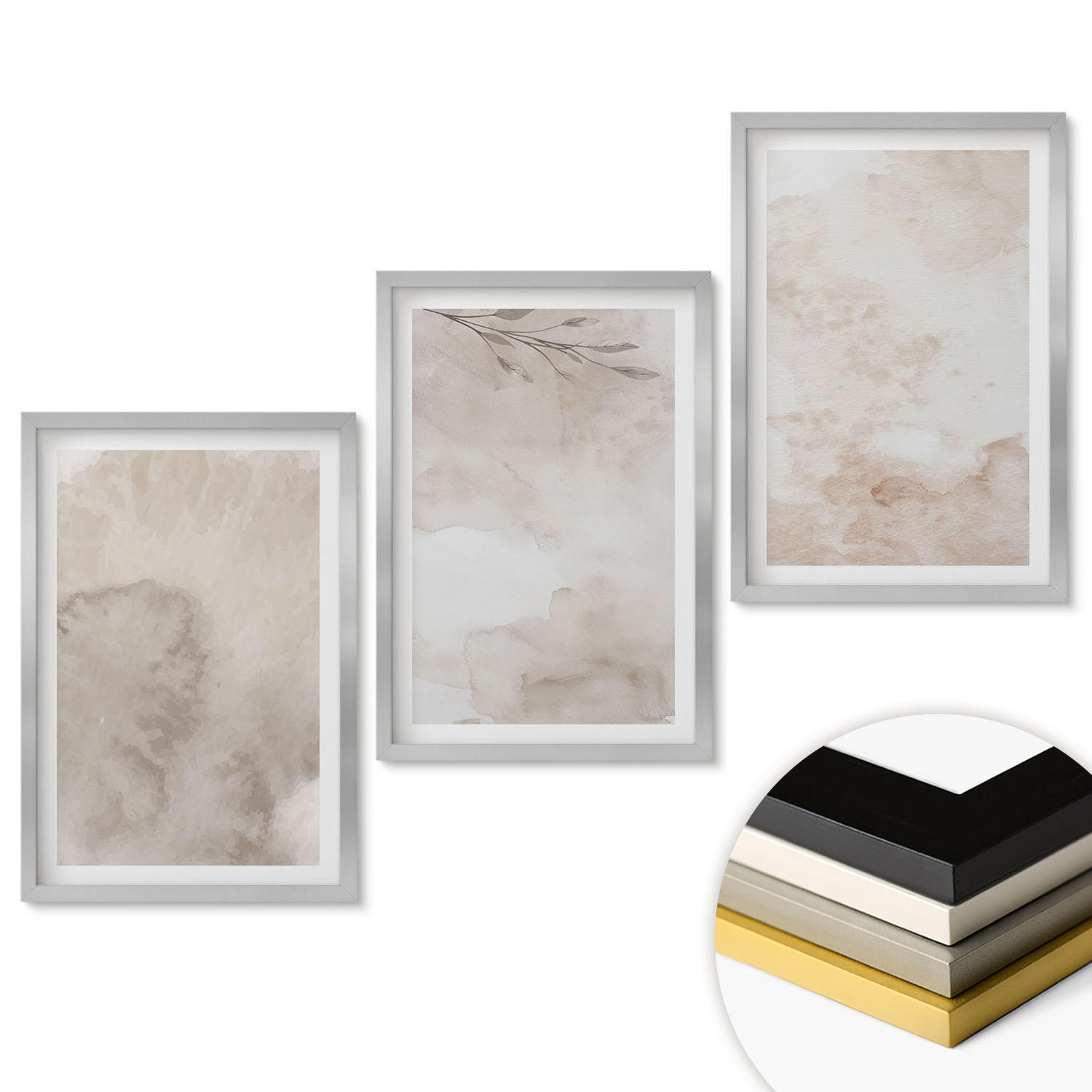 WANDBILDER 3er Set - 40x60 cm Silberner Rahmen - Verschüttete Boho-Aquarellfarben - Silberfarben, Kunststoff (40/60cm) - ArtPrintCave
